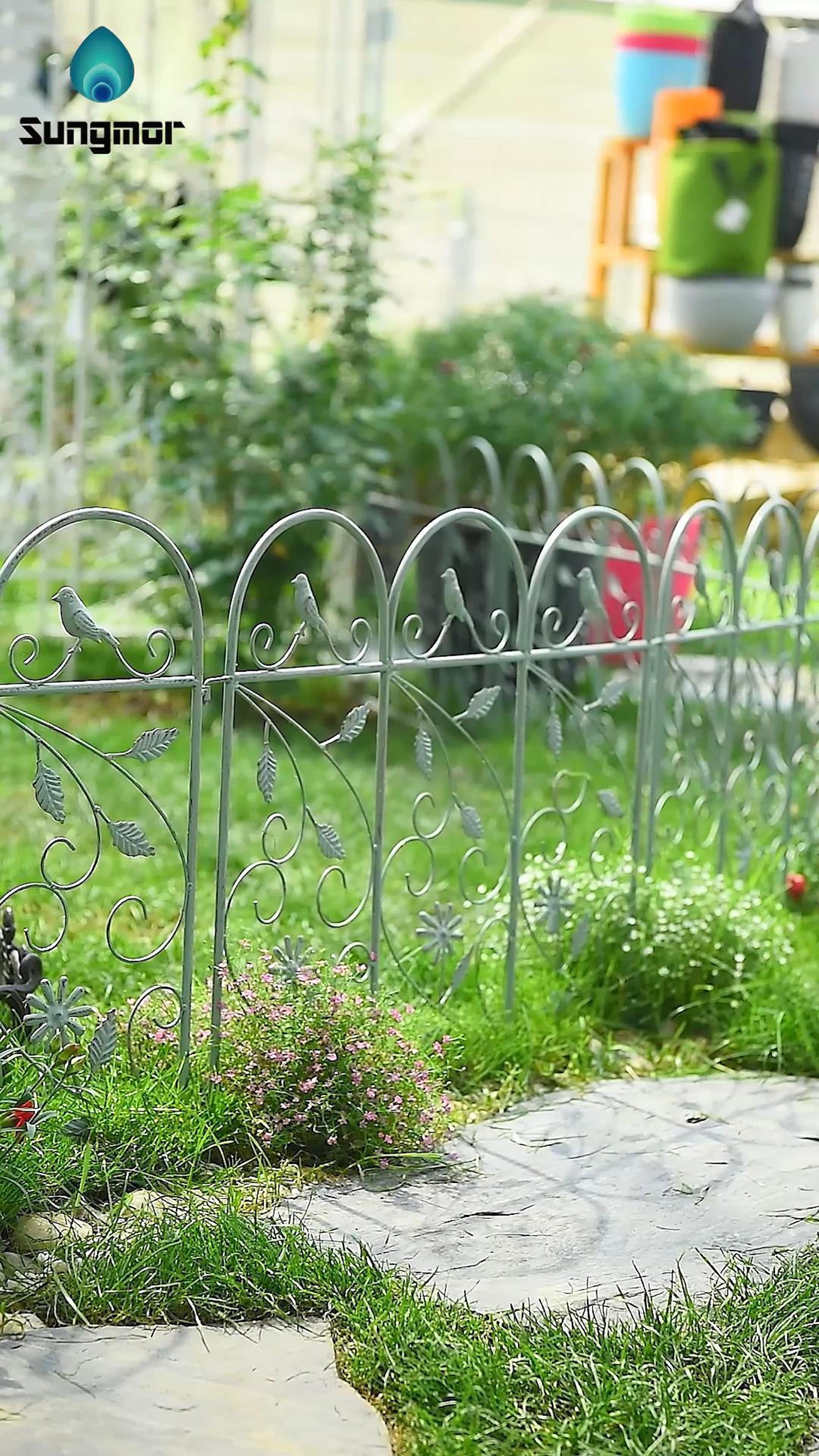 thumbnail video image 2 of Sungmor Rustic Garden Edging Border, Wrought Iron Picket Fence Panels Decorative Landscape, Green, 4-Piece, 2 of 8