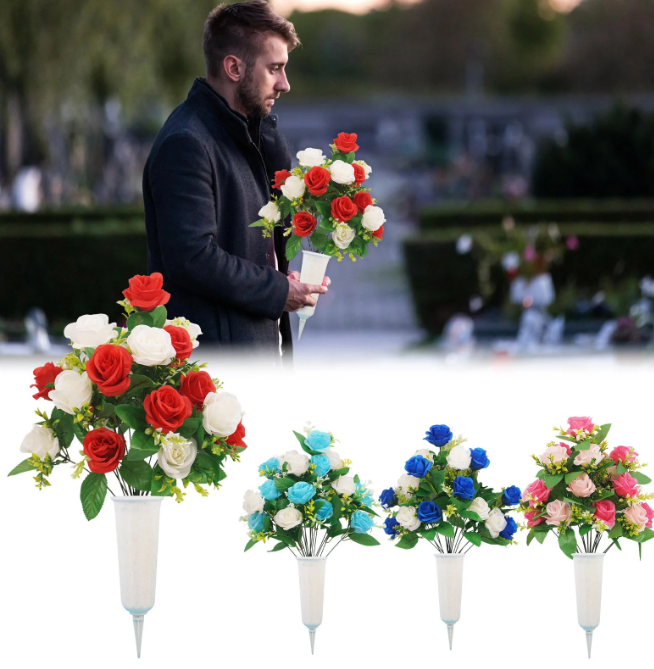 thumbnail video image 2 of Artificial Roses Flowers for Graves, Artificial Grave Flowers, Artificial Baby Breath Flower Bouquets Real Touch Flower, Grave Pots with Faux Plant, Spring Fake Plants, Grave Floral, Blue, 2 of 7