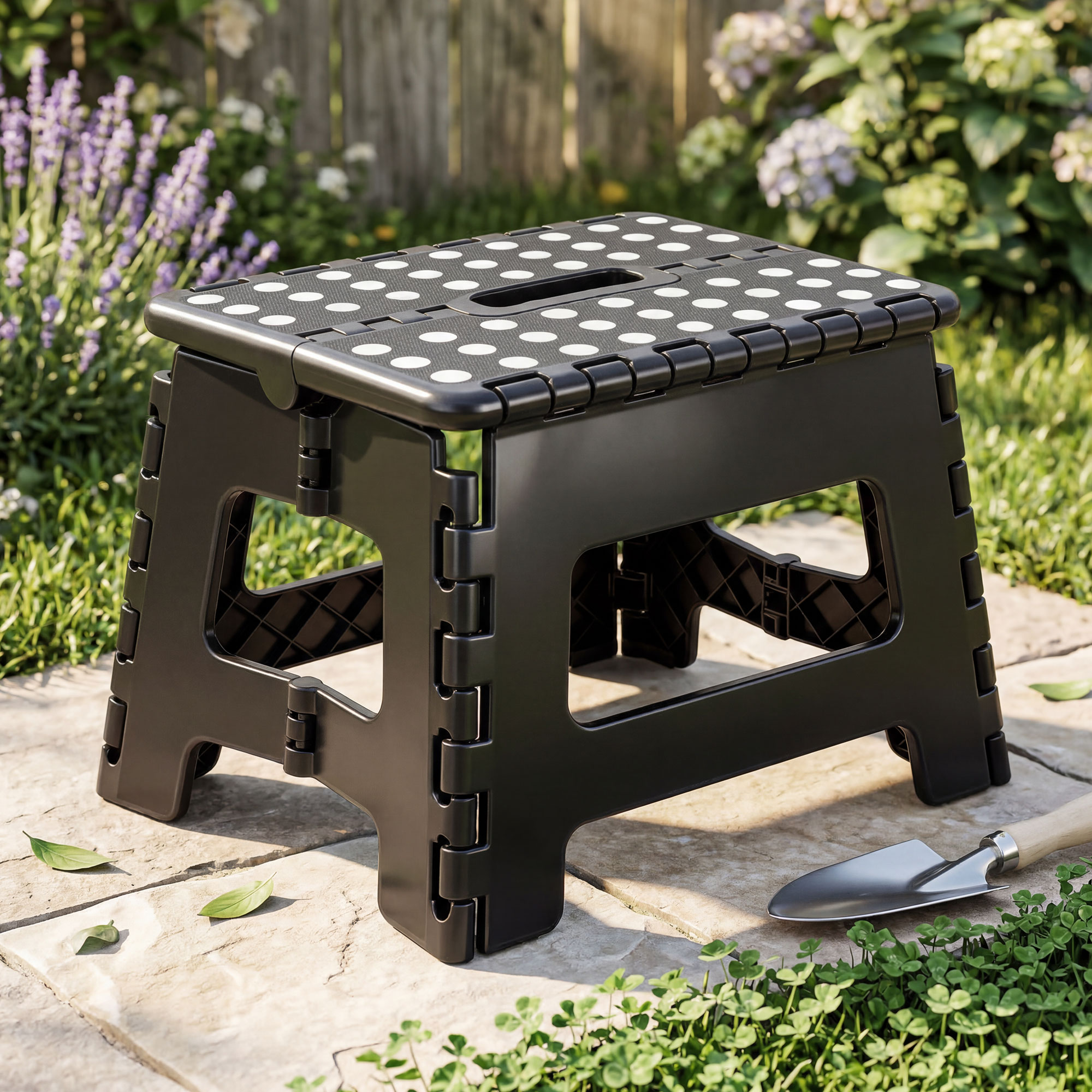 thumbnail video image 2 of JONPONY Folding Step Stool with Handle Anti-Slip Foot Stool with 9 Inch Height - Holds Up to 300 lbs - Sturdy Plastic Foldable Step Stool for Kitchen, Bathroom & Living Room (Black), 2 of 8
