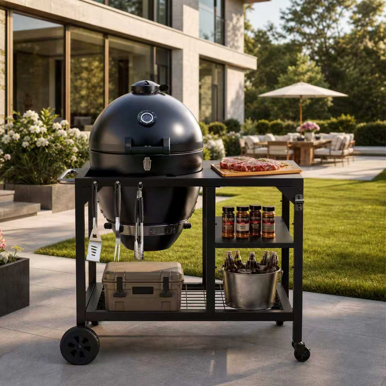 thumbnail video image 2 of Flintex 22" Kamado Charcoal Grill & Smoker, Egg-Style Grill with Cast Iron Grates, Prep Table and Storage Cart for Outdoor BBQ, 2 of 9