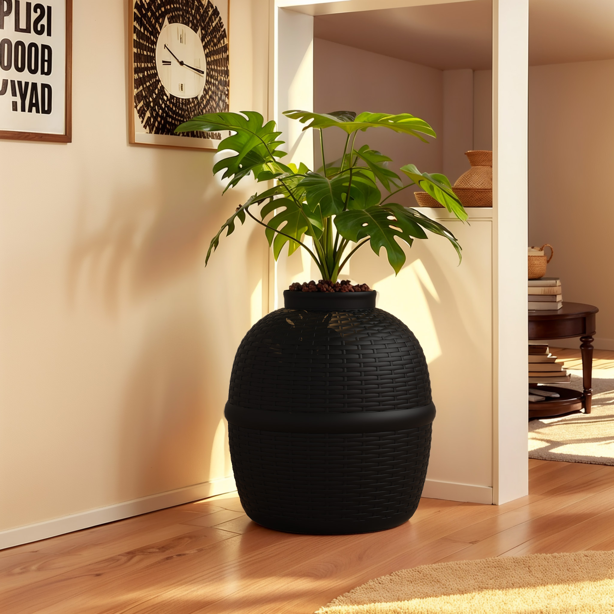 thumbnail video image 2 of Superjoe Plant Hidden Cat Litter Box Plastic Rattan DIY Home Decor, Black, 2 of 9