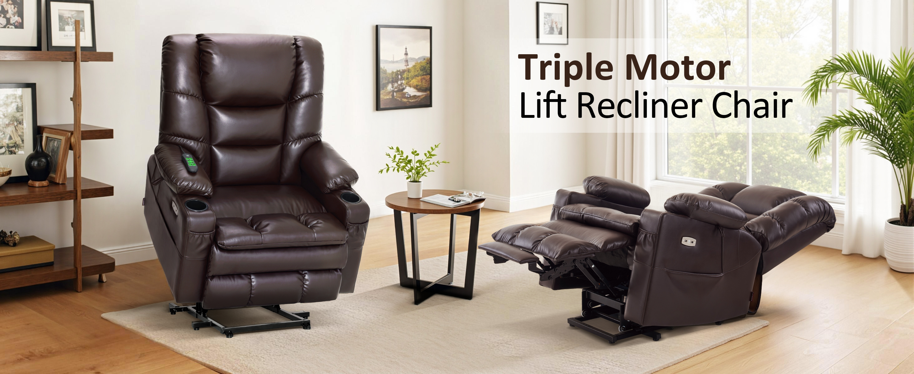thumbnail video image 2 of MCombo Large Triple Motor Power Lift Recliner Chair for Tall Elderly, Faux Leather, Dark Brown, 2 of 10