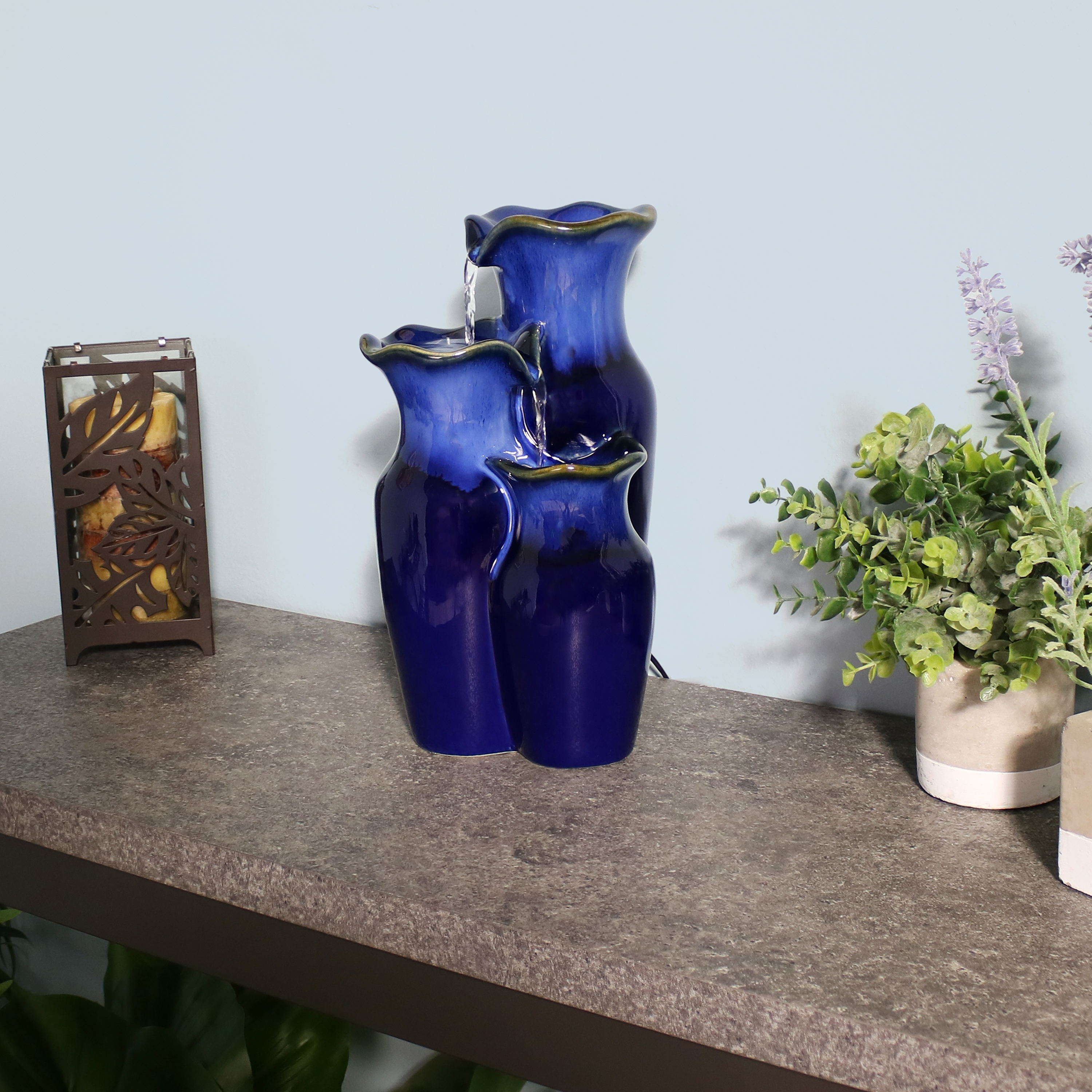 thumbnail video image 2 of Sunnydaze Tiered Pitchers Contemporary Blue Ceramic Tabletop Fountain, 2 of 10