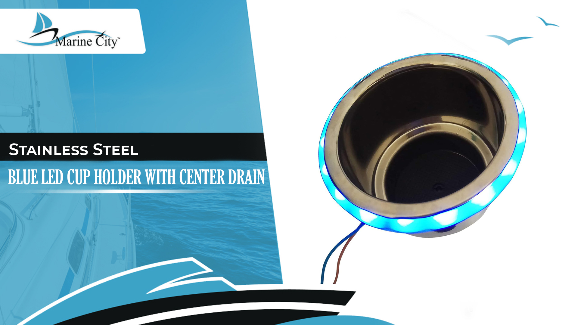thumbnail video image 2 of MARINE CITY Blue LED Light Cup Holder with Center Drain, Stainless Steel, Durable, Corrosion-Resistant, Easy Installation for Boats, Poker Tables, Yachts, Ships Pack of 10, 2 of 9