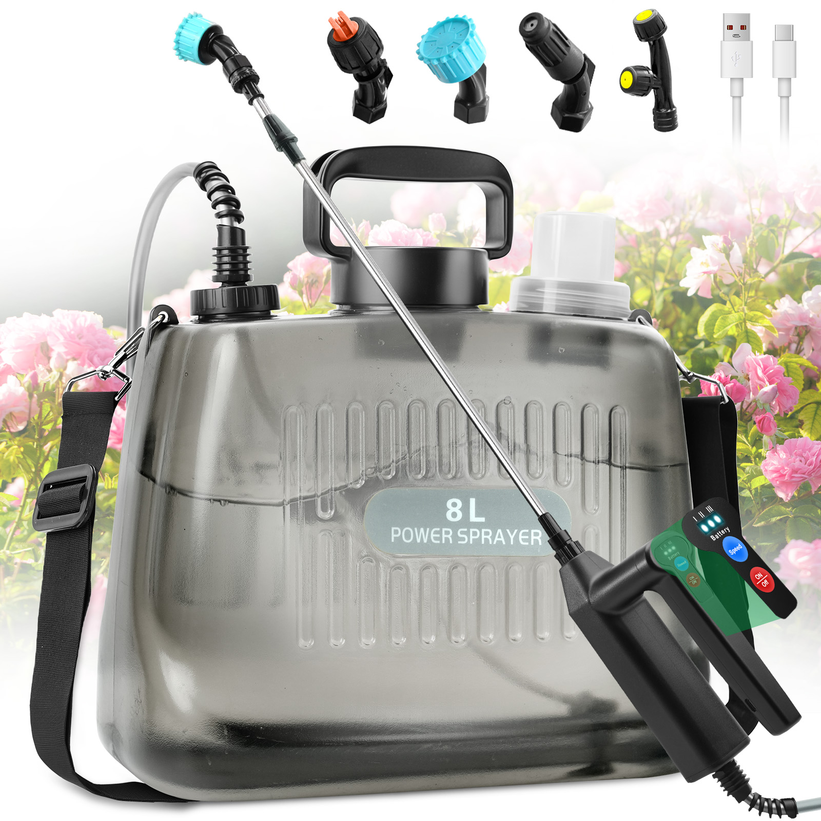 thumbnail video image 2 of SYLMAX 2 Gallon Battery Powered Sprayer, Translucent Black Electric Garden Sprayer with 3 Adjustable Speeds & 4 Nozzles, Upgraded Ergonomic Handle & Retractable Wand for Lawn and Yard Care, 2 of 8