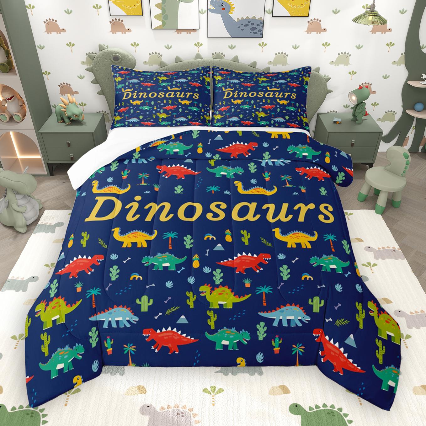 thumbnail video image 2 of Manfei Colorful dinosaur Queen Comforter Set,Rustic Plant Leaves Bedding Sets,Deepblue Yellow Orange Bedding Comforter Set For Boys Kids,Breathable Home Decor Reversible,3-Piece, 2 of 9