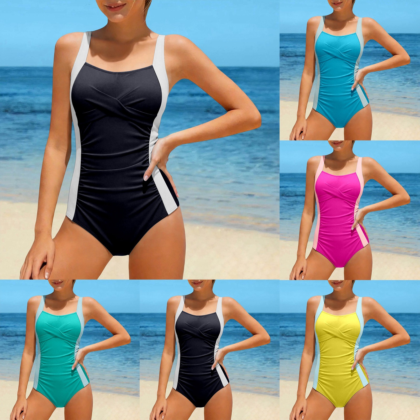 thumbnail video image 2 of WMQPNNS Girl Swimsuits Color Block Bathing Suit Girl Swimwear 10Full Coverage Swimwear Adjustable Strap Swimming Suit(Size 15-16 Years,e2-Black), 2 of 6