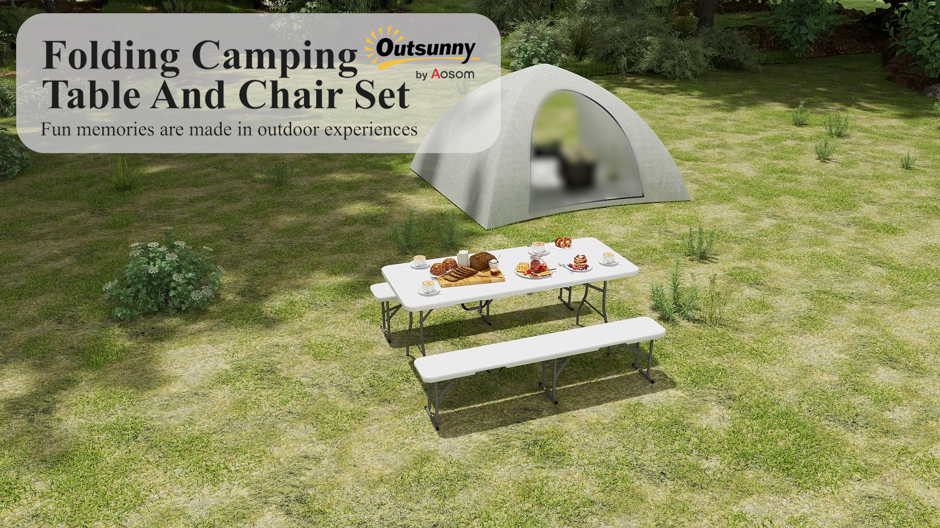 thumbnail video image 2 of Outsunny 6FT 3-Piece Portable Picnic Table Bench Set with Carrying Handles, Folding Camping Table and Chairs, White, 2 of 10