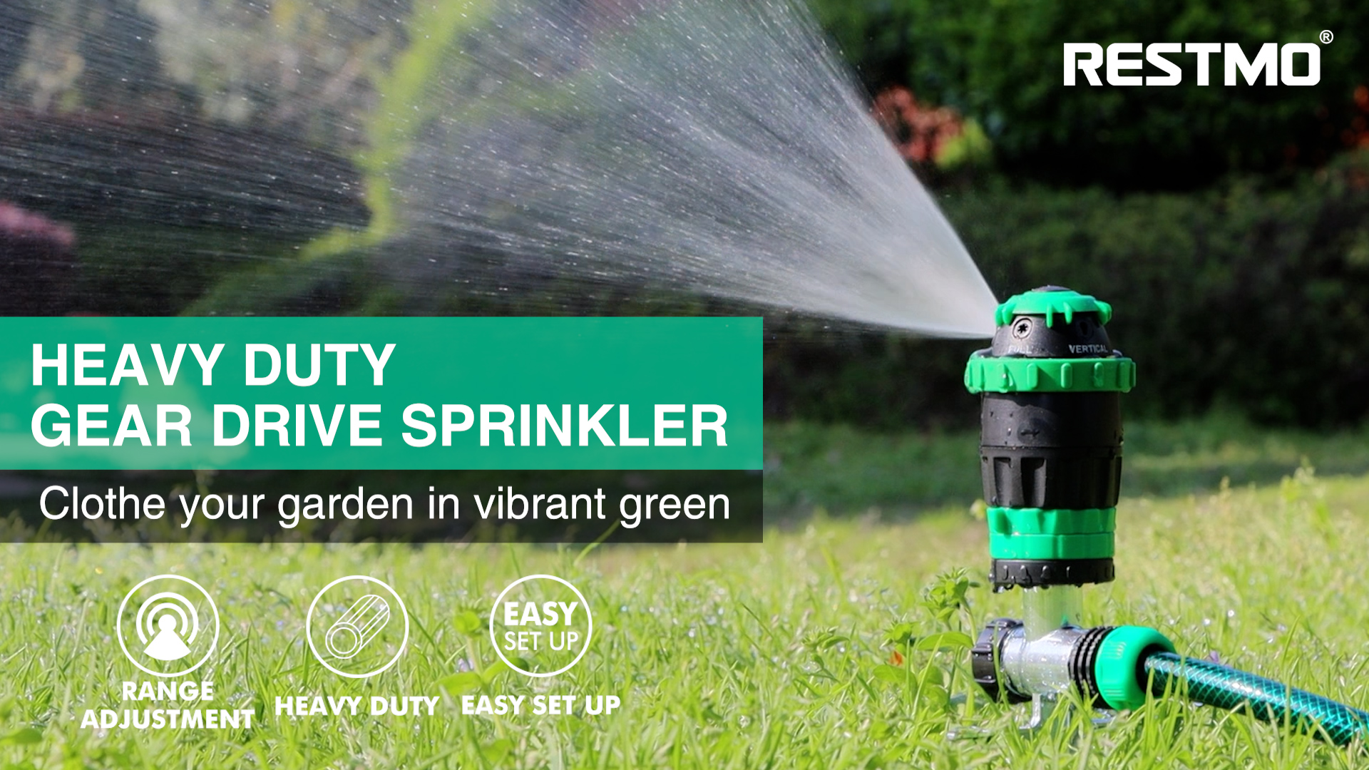 thumbnail video image 2 of [2 Pack] Restmo Gear Drive Sprinkler with Metal Spike Base, 5-Pattern Heavy Duty Gardening Watering System, Multi-Adjustable Lawn Sprinkle for Garden Plant, Flower Bed and Large Yard Area, Green, 2 of 10