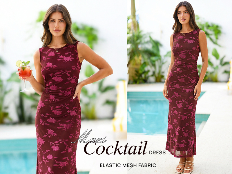 thumbnail video image 2 of Merokeety Summer Maxi Dress for Women Crewneck Floral Bodycon Mesh Cocktail Formal Party Dresses Lightpink xl, 2 of 6