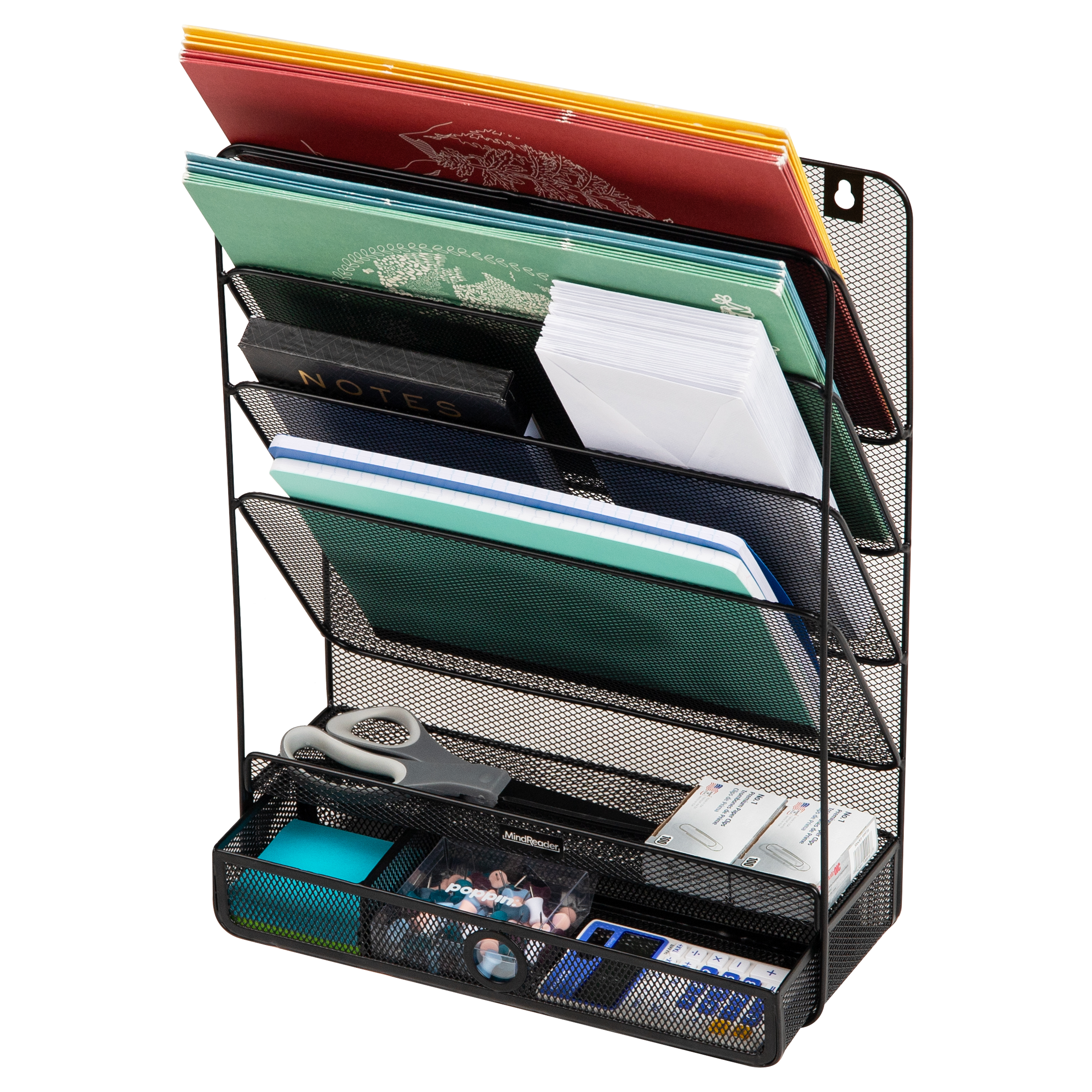 thumbnail video image 2 of Mind Reader 4-Tier Vertical File Storage, Desktop Organizer, Wall Mount, Office, Metal Mesh, Black, 2 of 7