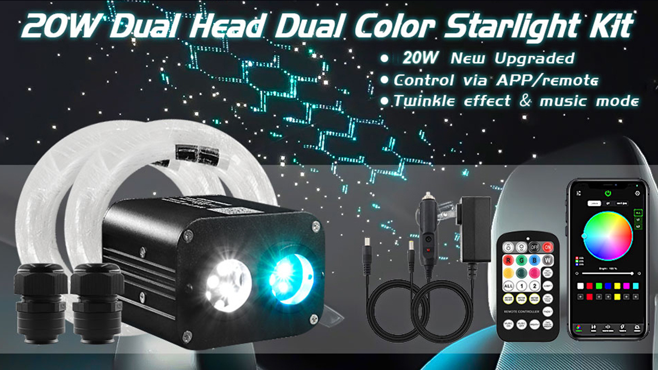 thumbnail video image 2 of Upgraded 20W Dual Color Starlight Headliner Kit 700pcs*(0.03+0.04+0.06in)*9.8ft Fiber Optic Starlight Kit for Car Headliner Car Star Lights with Twinkle Effect and Music Mode Control by APP/Remote, 2 of 7