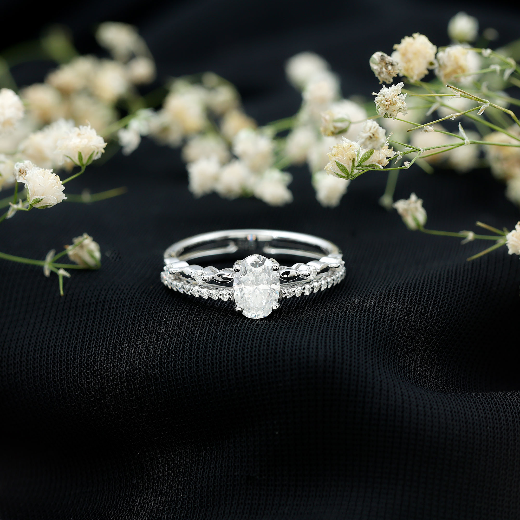 thumbnail video image 2 of Rosec Jewels Oval Moissanite Solitaire Double Band Engagement Ring for Women (5X7 mm, D-VS1 Grade), 925 Sterling Silver, US 4.00, 2 of 9