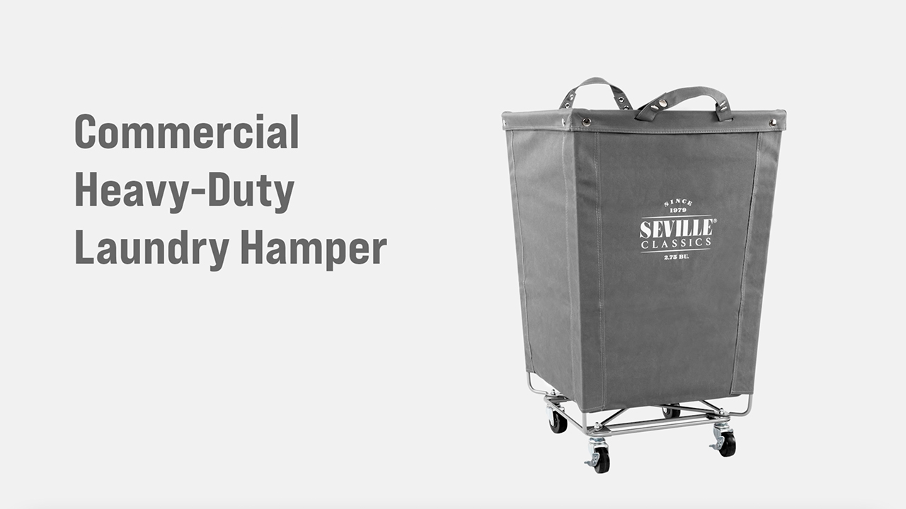 thumbnail video image 2 of Seville Classics Large Commercial Heavy Duty Rolling Steel Frame Laundry Hamper Canvas Cart Bin, w/ Wheels for Hotel, Home, Closet, Bedroom (PATENTED), Gray, 18.1" D x 18.1" W, 2 of 12