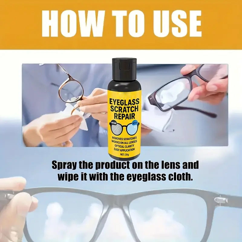 thumbnail video image 2 of Glasses Lens Scratch Repair Spray - Lens Cleaning & Scratch Removal Solution, Multi-Use for Eyeglasses, Sunglasses, Clear Lens Repair Spray for Home, yellow, 2pcs, 2 of 7