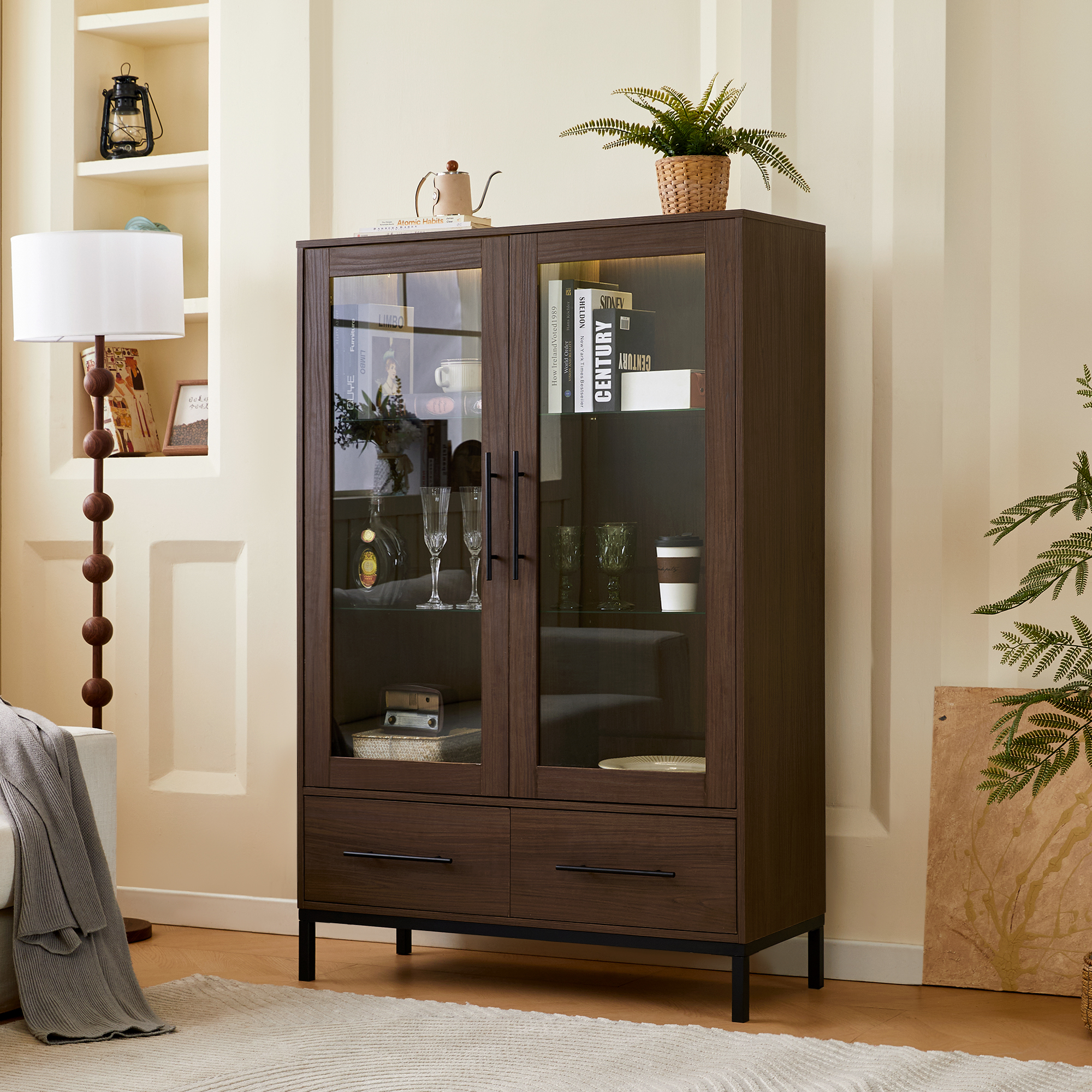 thumbnail video image 2 of Montary 60" Tall LED Display Cabinet with Tempered Glass Door & Two Drawers, Modern Storage for Living Room/Office/Study, Black, 2 of 11