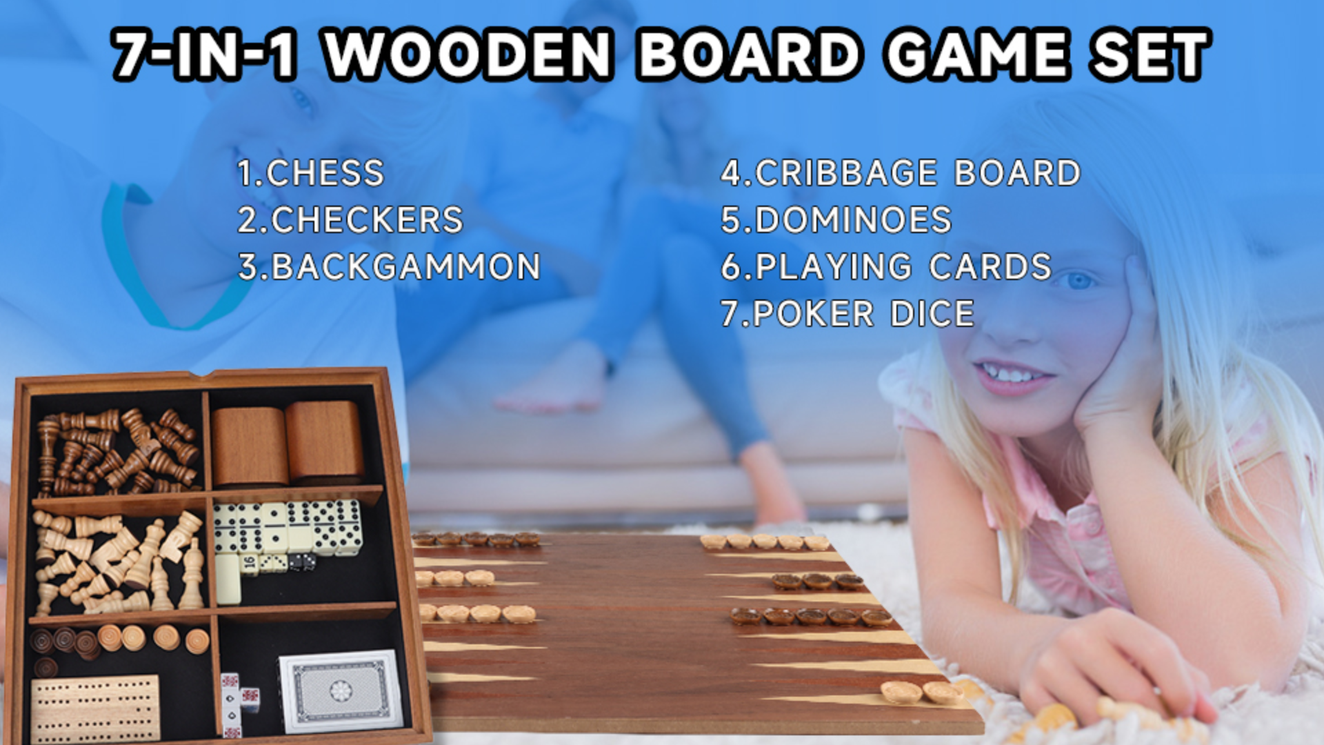thumbnail video image 2 of GSE Games & Sports Expert 7-in-1 Wooden Chess, Checkers, Backgammon, Dominoes, Cribbage Board, Playing Card & Poker Dice Game Tabletop Board Game Combo Set (Old Fashioned), 2 of 8