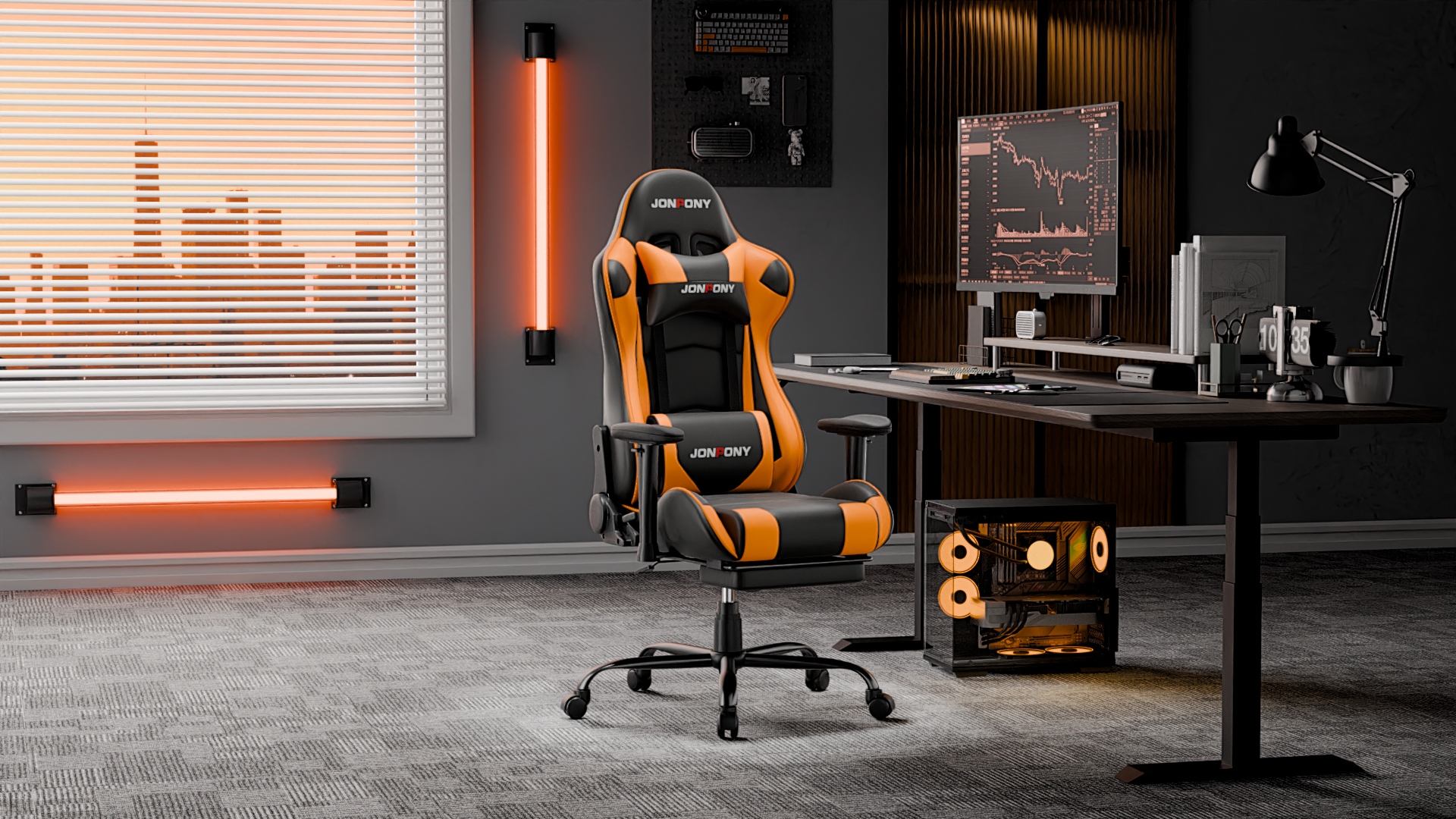 thumbnail video image 2 of JONPONY Big and Tall 500LBS Gaming Chair, Ergonomic Design, Gamer Chair PU Leather with Footrest and Lumbar Support, High Back Office Chair Support 8 Hours Long Sitting, Computer Chair,Orange, 2 of 12