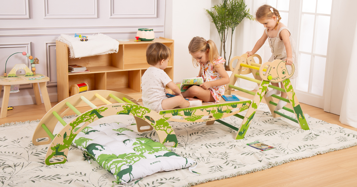 thumbnail video image 2 of Pikler Triangle Set with Cushion, 8 in 1 Wooden Montessori Climbing Toys, Foldable Indoor Playground Jungle Gym Playsets for Toddler, Baby, Kid,Green, 2 of 9