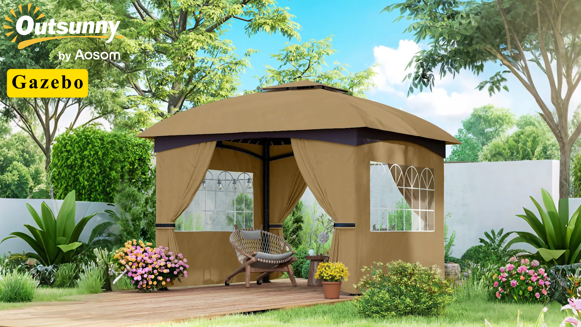 thumbnail video image 2 of Outsunny 11' x 11' Outdoor Patio Gazebo with Curtains, Church Windows, Galvanized Steel Frame for Lawn, Backyard and Deck, Beige, 2 of 10