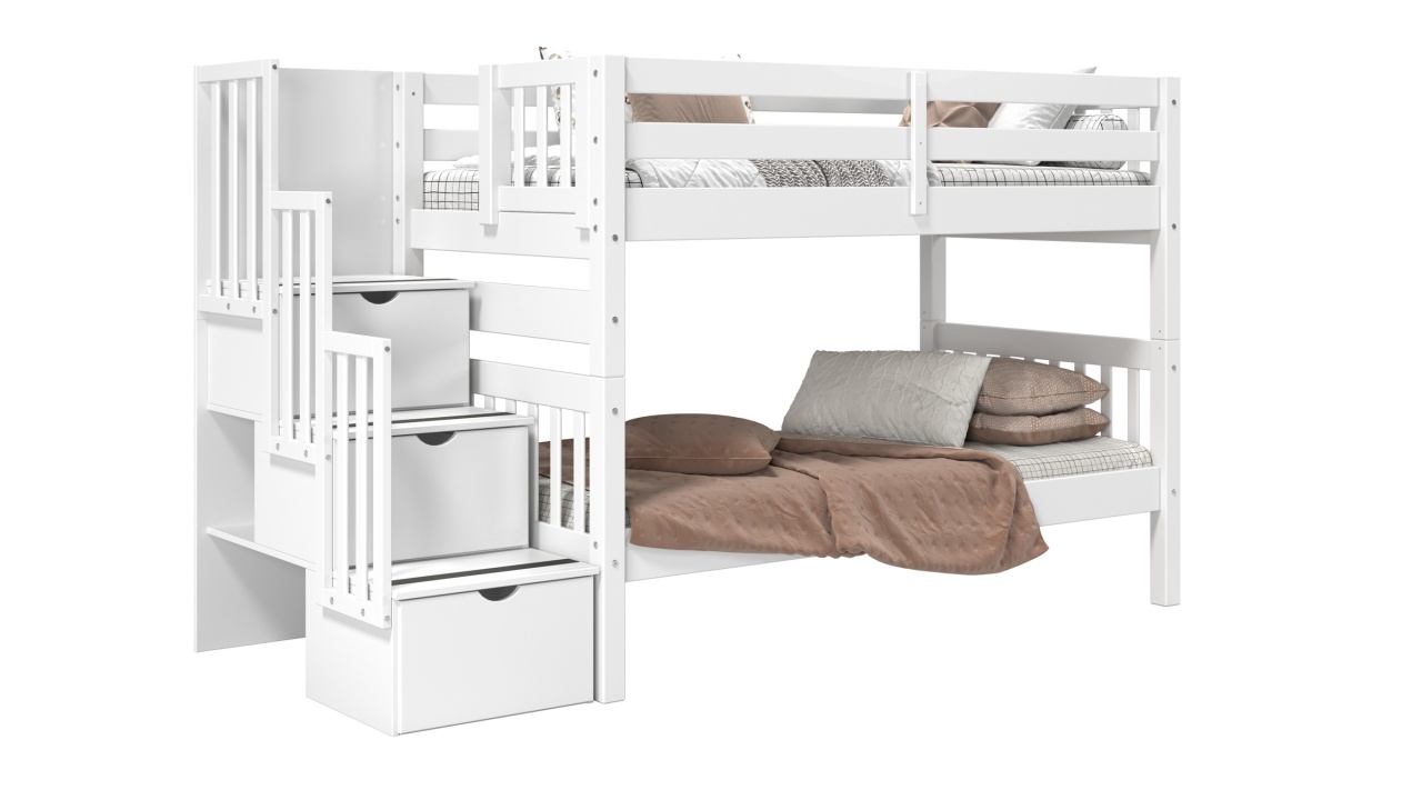 thumbnail video image 2 of Bedz King Transitional Pine Wood Twin over Twin Stairway Bunk Bed in White, 2 of 9