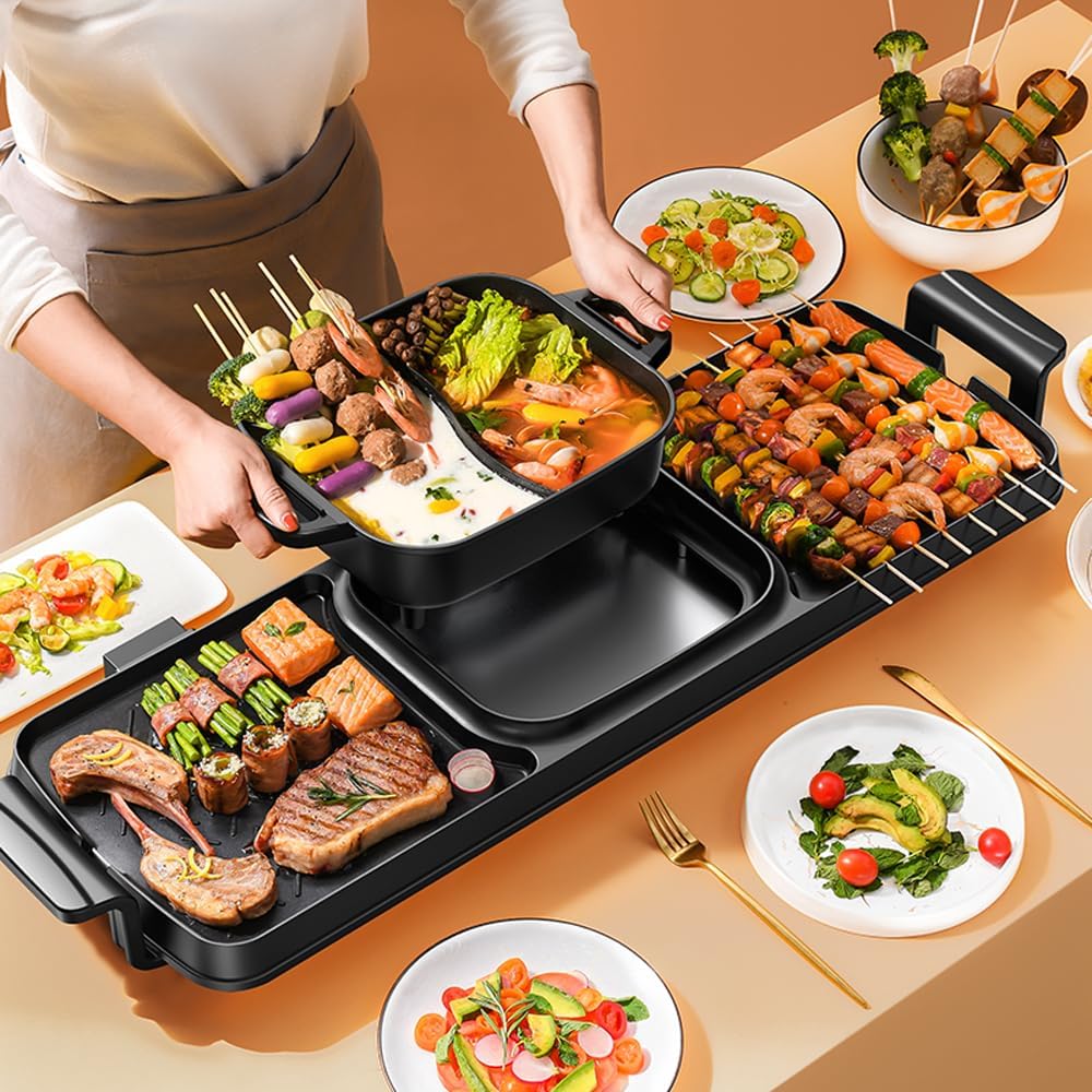 thumbnail video image 2 of Aoran 2 in 1 Electric Grill and Hot Pot, 2200W Smokeless BBQ Grill with Separate Dual Temp Control, Teppanyaki Grill Pot Hot Pot Grill with Non-Stick for 1-8 People, 2 of 11