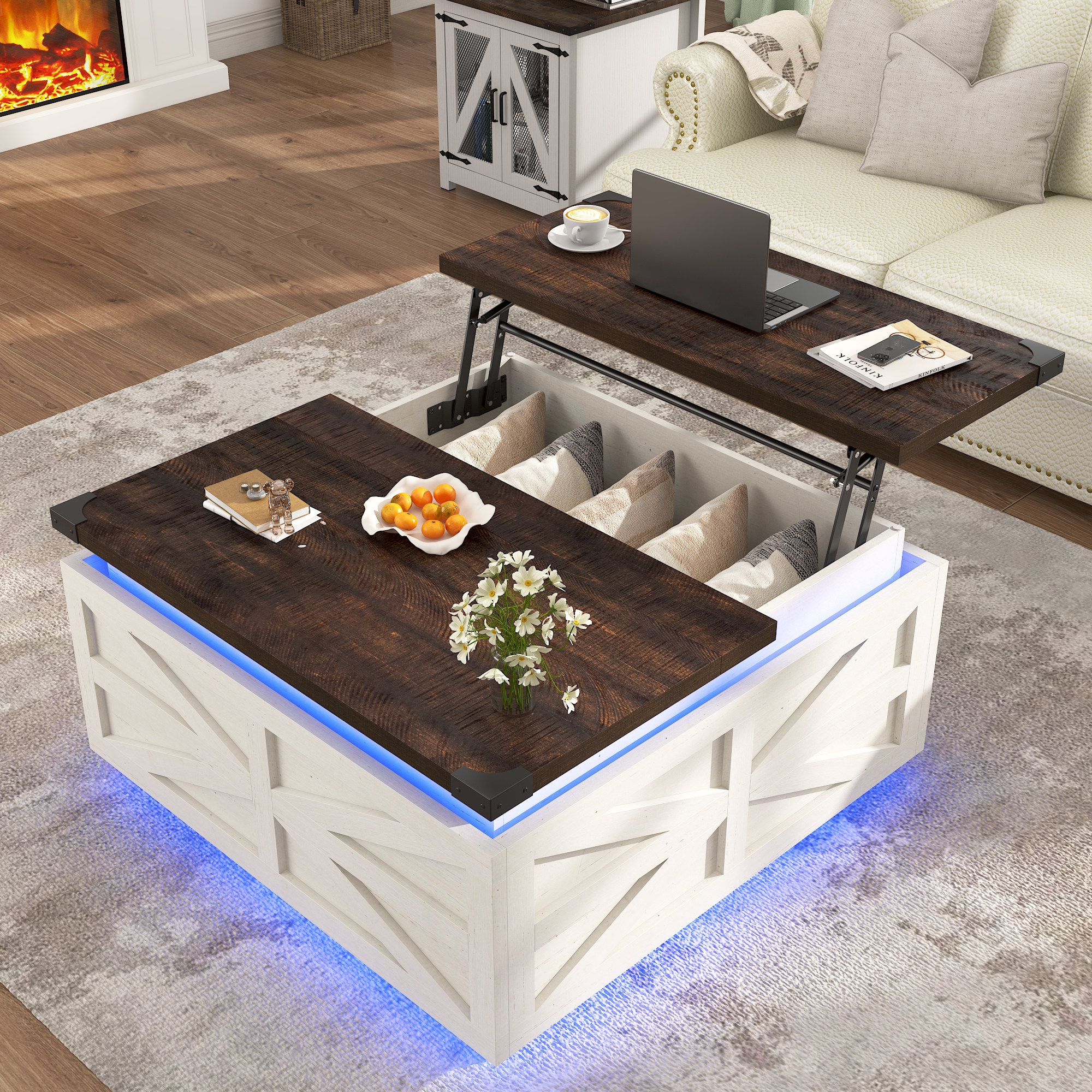 thumbnail video image 2 of Blotout Farmhouse Lift Top Coffee Table with Storage, 35.8'' Square Wood Center Table with LED Lights, Living Room Central Table with Large Hidden Space for Living Room, Bedroom Home, Office, 2 of 11