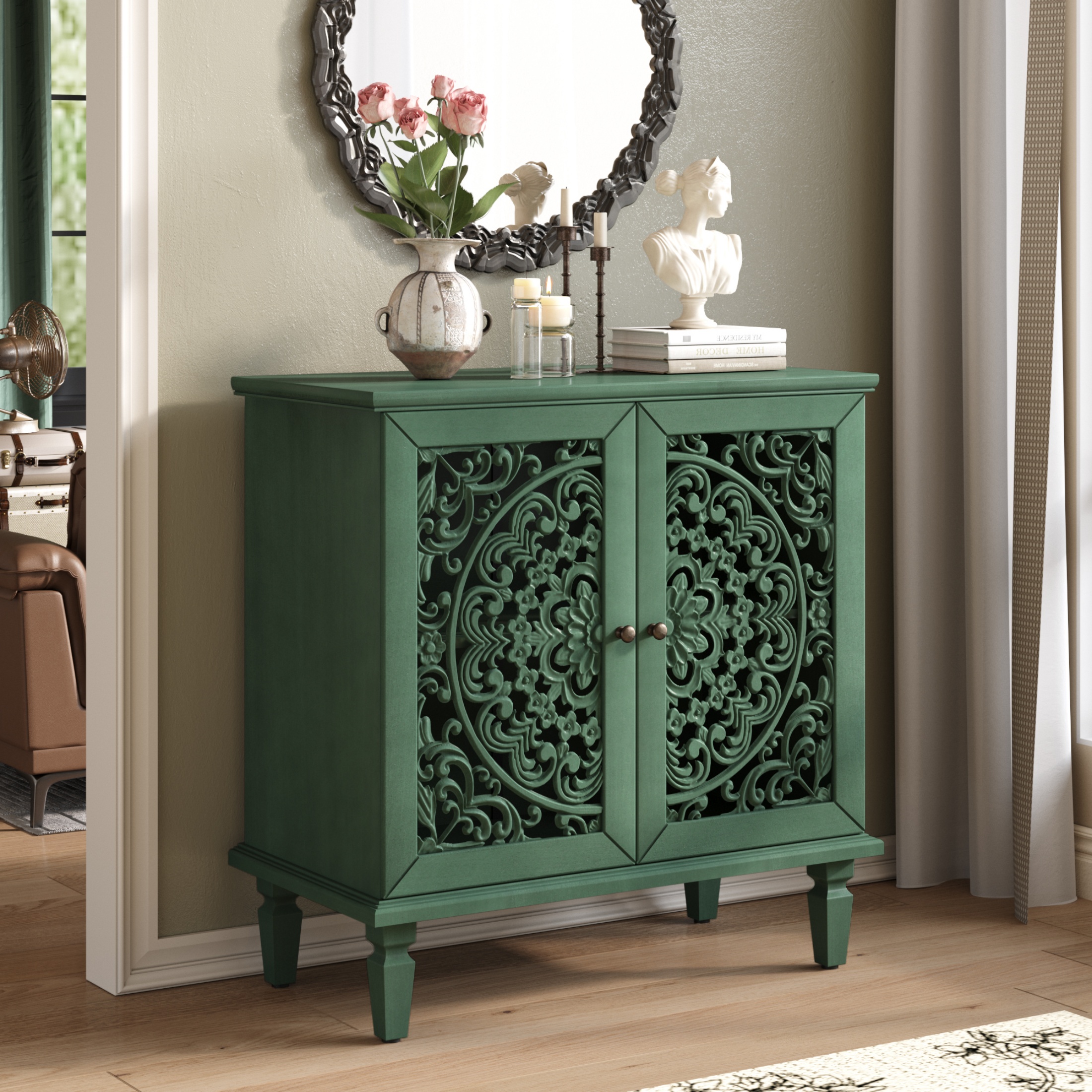 thumbnail video image 2 of Atumcto Vintage Accent Sideboard Storage Cabinet, 2-Door Display Cabinet with Symmetrical Floral Carved Design, Adjustable Shelf & Solid Wood Legs for Living Room or Entryway, Antique Green, 2 of 14
