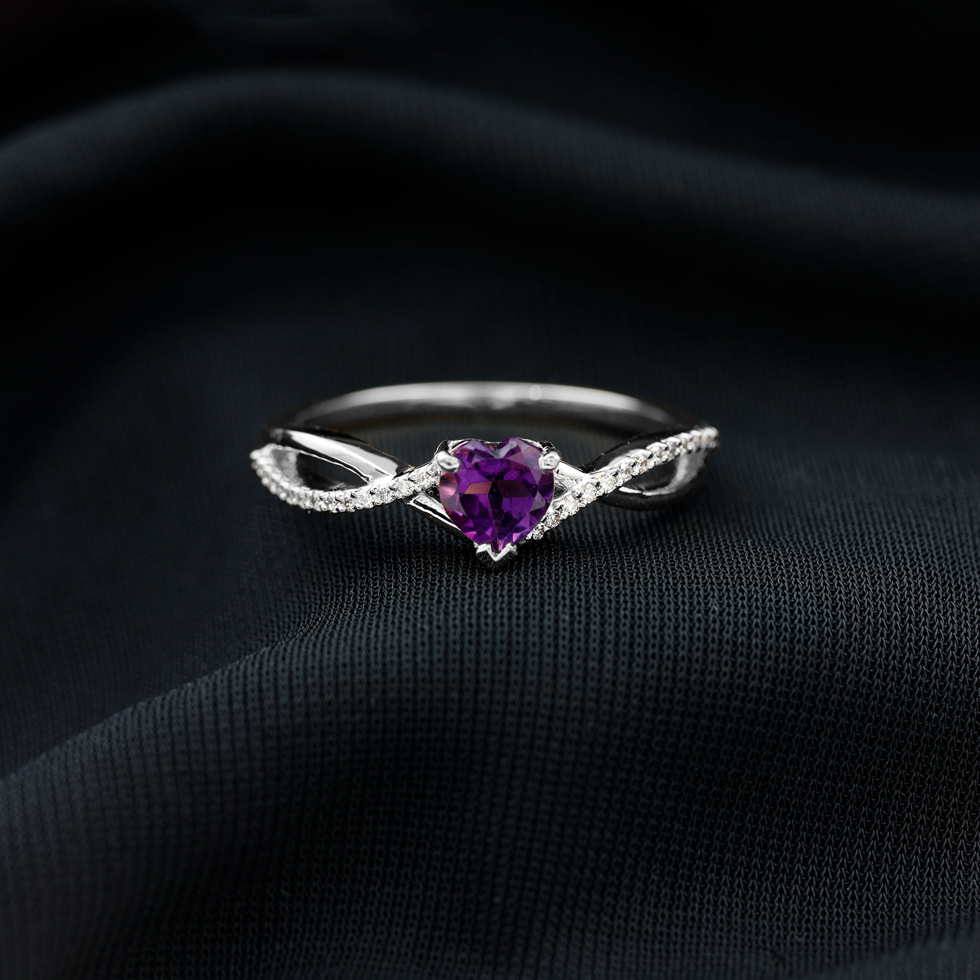 thumbnail video image 2 of Rosec Jewels Heart Shape Amethyst Solitaire Crossover Ring with Diamond (6 mm), 14K Yellow Gold, US 10.00, 2 of 7