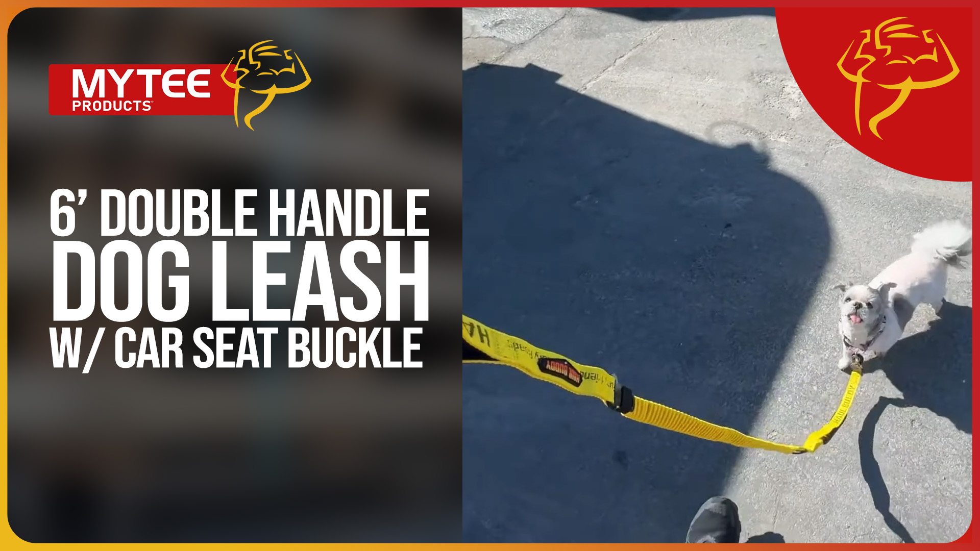thumbnail video image 2 of 6' Traffic Dog Leash w/ Two Soft Padded Handles and Car Seat Belt Buckle, 360° Swivel Clasp - Strong Leash for Medium Large Dogs - 109C Yellow, 2 of 10