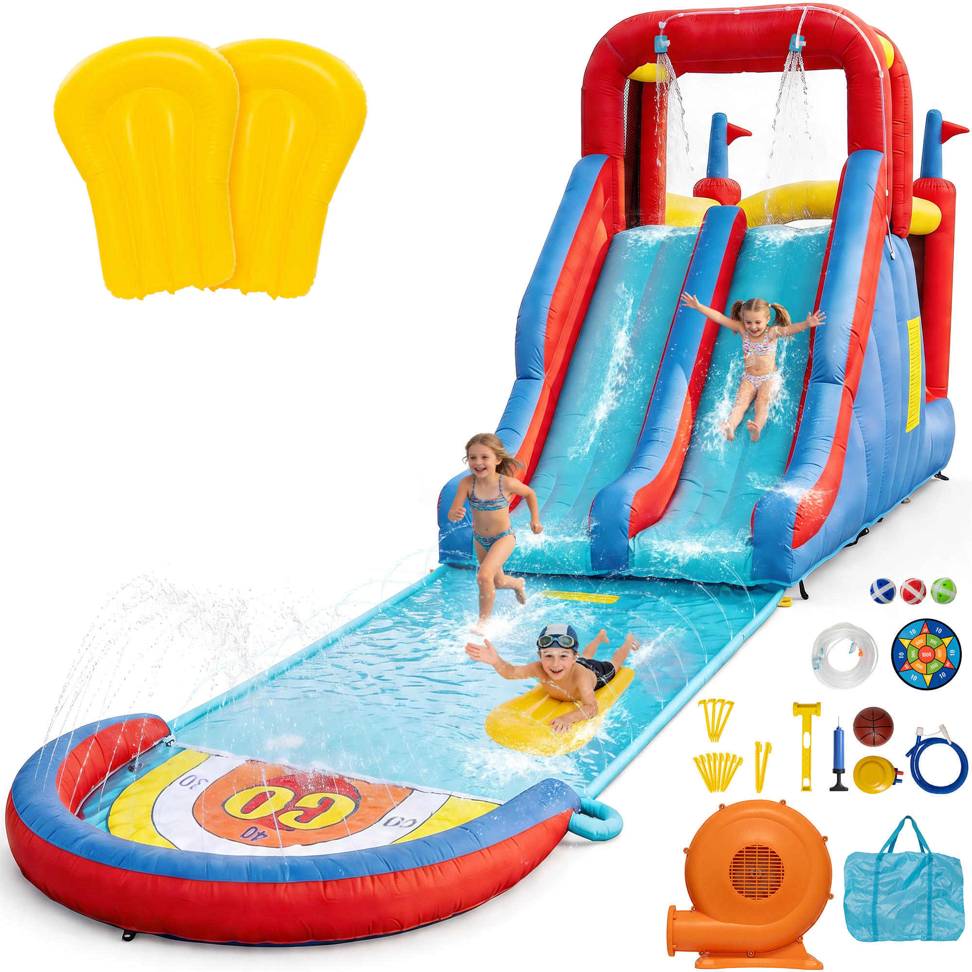 thumbnail video image 2 of Sunnyfree Inflatable Water Slide Bounce House for Kids 3+, 65.3" × 370" × 91.3", 3 Water Slide with Sprinkler and 2 Slip Inflatable Boards, 2 of 13