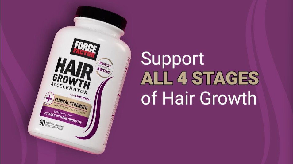 thumbnail video image 2 of Force Factor Hair Growth Accelerator, Hair Growth Vitamins for Women & Men with Clinically Studied Lustriva, Biotin & Ashwagandha, 90 Capsules, 2 of 12