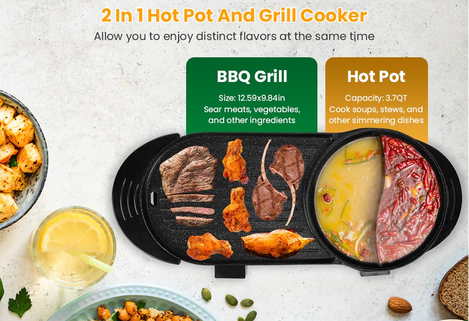 thumbnail video image 2 of Moclever Hot Pot with Grill, 2200W Shabu Shabu Pot Korean BBQ Grill Smokeless Non-Stick Separate Dual Temperature Control, for 2-10 People, 110V, Black, 2 of 12