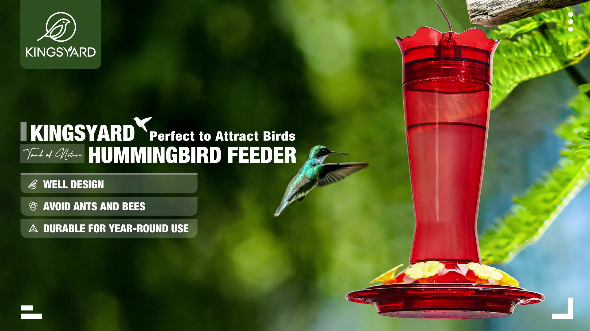 thumbnail video image 2 of Kingsyard Glass Hummingbird Feeder for Outdoors Hanging - 6 Bee Guard Feeding Ports & Built-in Ant Moat, Wild Bird Feeder for Outside Garden Yard Patio 14 Oz, Green, 2 of 6