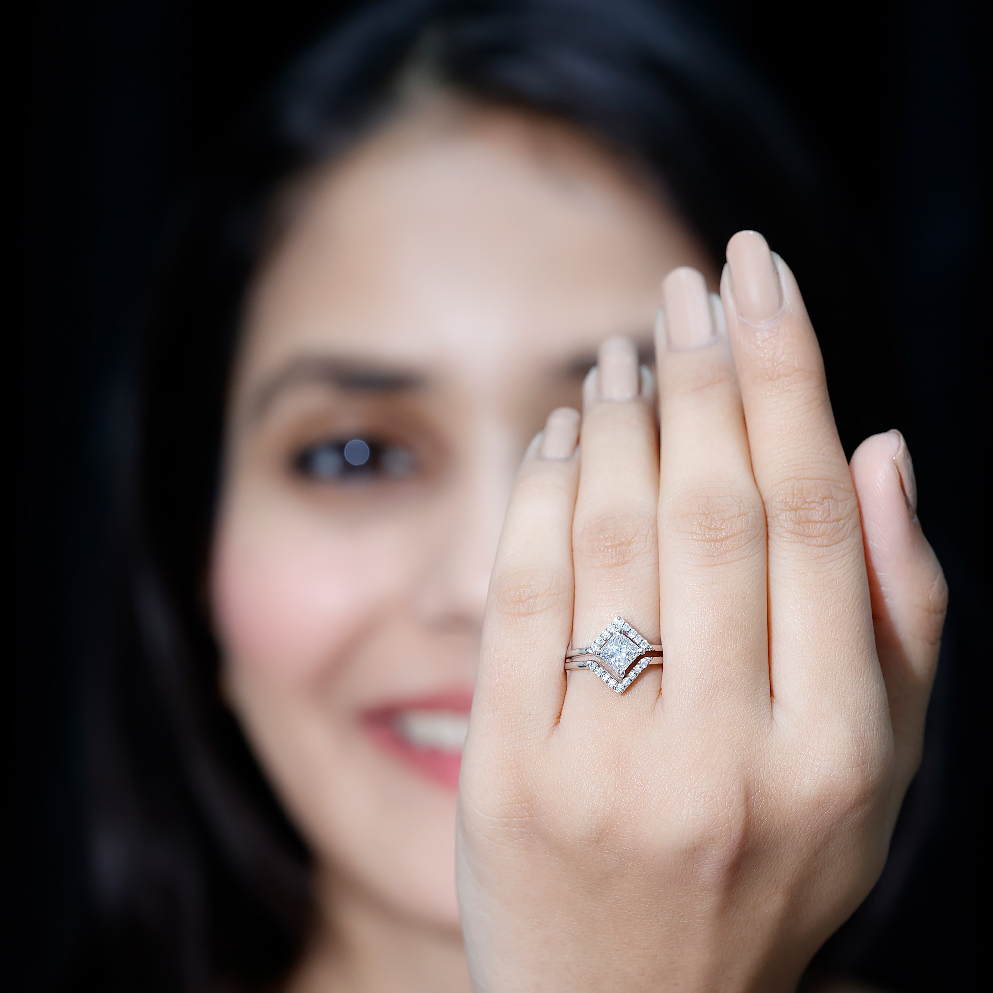 thumbnail video image 2 of Rosec Jewels Sterling Silver Moissanite Wedding Ring Set (D-VS1 Quality) - Square Engagement Ring with Band - 925 Stamped Ring, US 8.00, 2 of 8