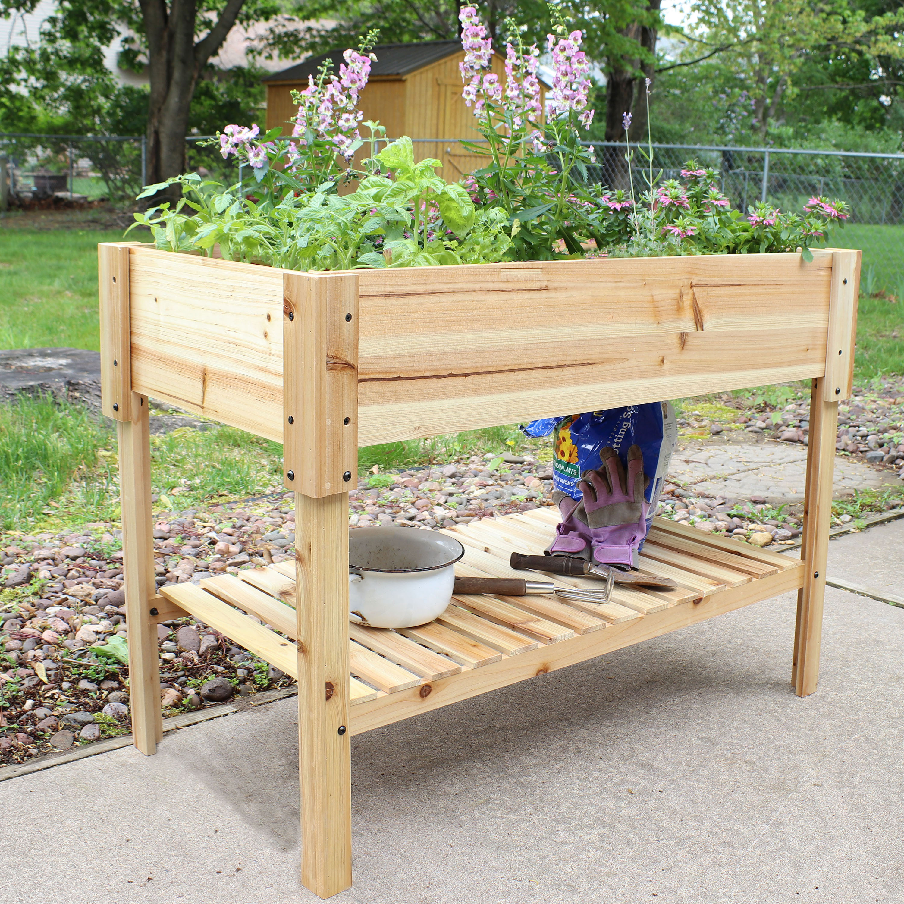 thumbnail video image 2 of Sunnydaze 41.5" x 21.25" x 21.25" Stained Wooden Outdoor Raised Garden Bed with Shelf, 2 of 10
