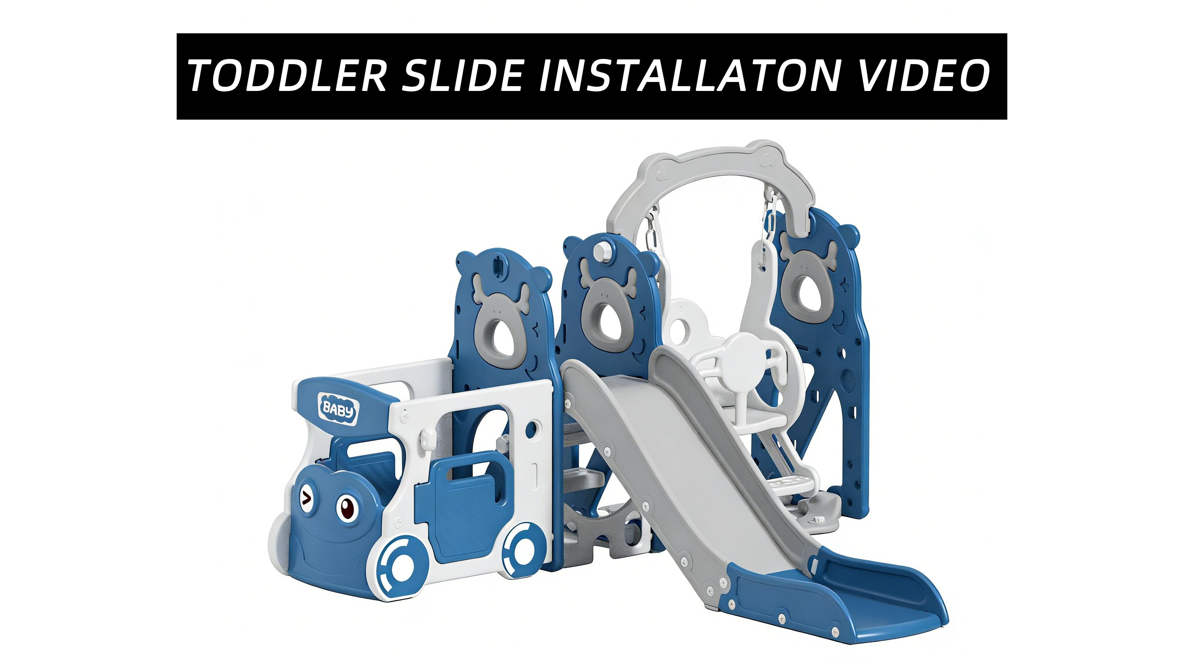 thumbnail video image 2 of KORIMEFA 8-IN-1 Toddler Slide and Swing Set, Indoor Outdoor Playset for Kids Age 1-5, Bus-Themed Climber Slide, Swing, Wheel, 2 of 8