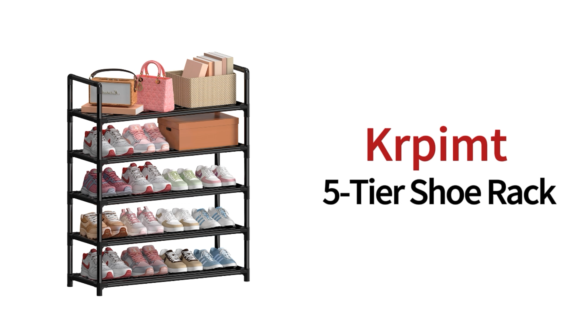 thumbnail video image 2 of Krpimt 5-Tier Shoe Rack, 31.5" Stackable Shoe Organizer Storage Holds 15-20 Pairs, Metal Shoe Shelf for Entryway Hallway and Closet, Black, 2 of 11