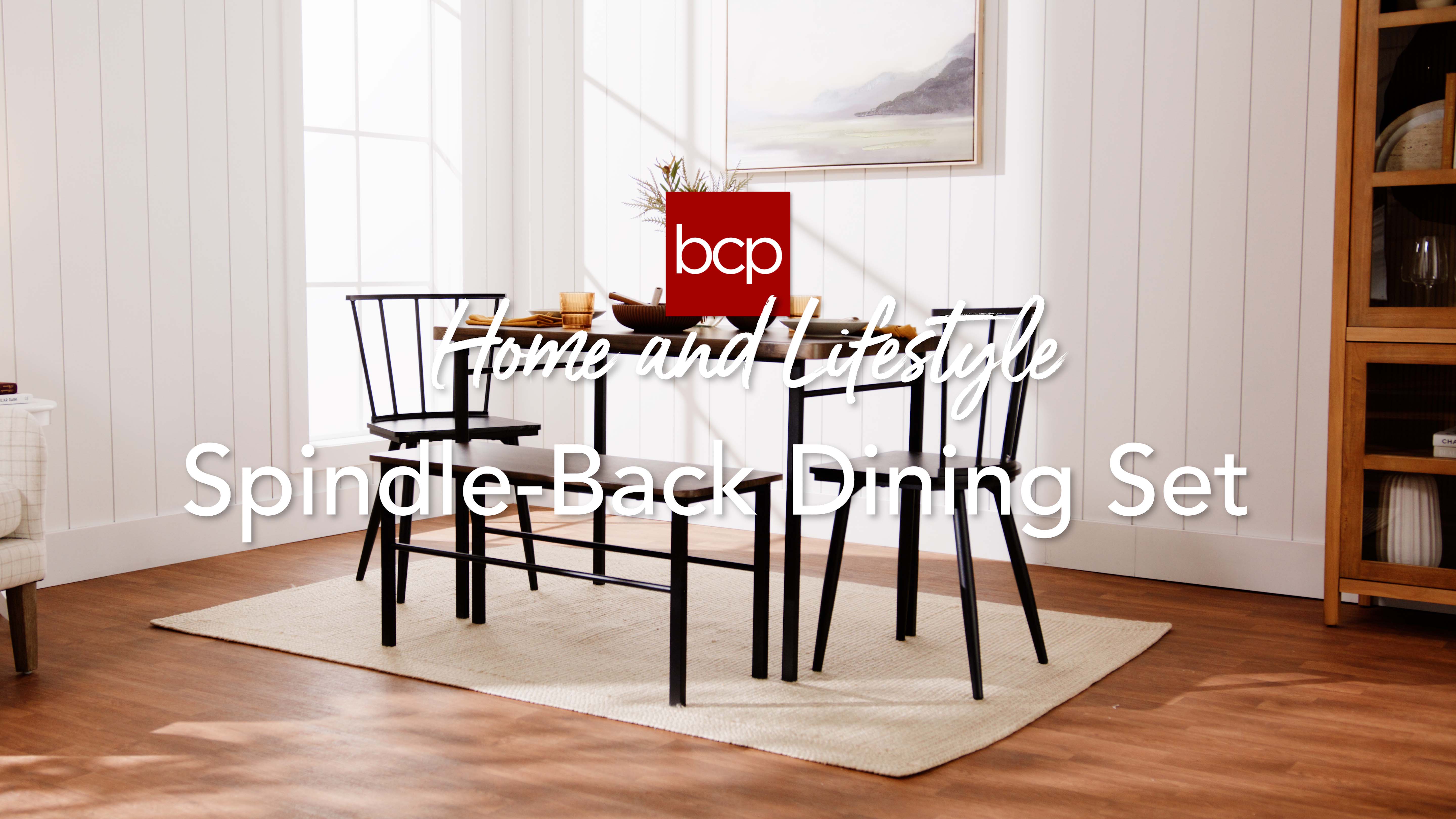 thumbnail video image 2 of Best Choice Products 4-Piece Farmhouse Dining Table Set w/ 2 Black Spindle Chairs, Bench, Kitchen Table - Gray, 2 of 8