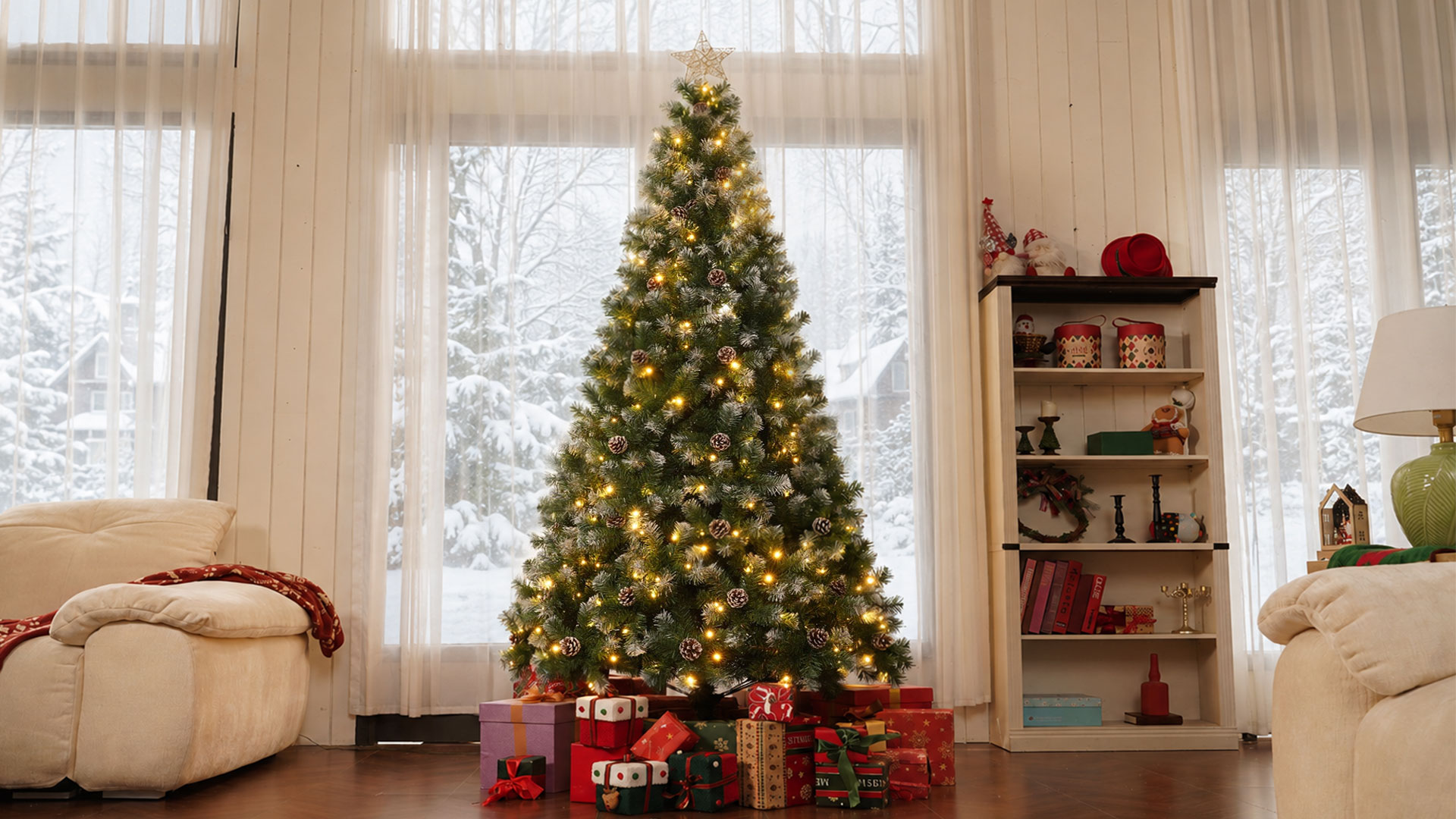 thumbnail video image 2 of Yexmas 9ft Pre-Lit Christmas Tree with Tree Topper, 8 Modes LED Lights, Artificial Xmas Tree with Large Storage Bag, 2 of 19