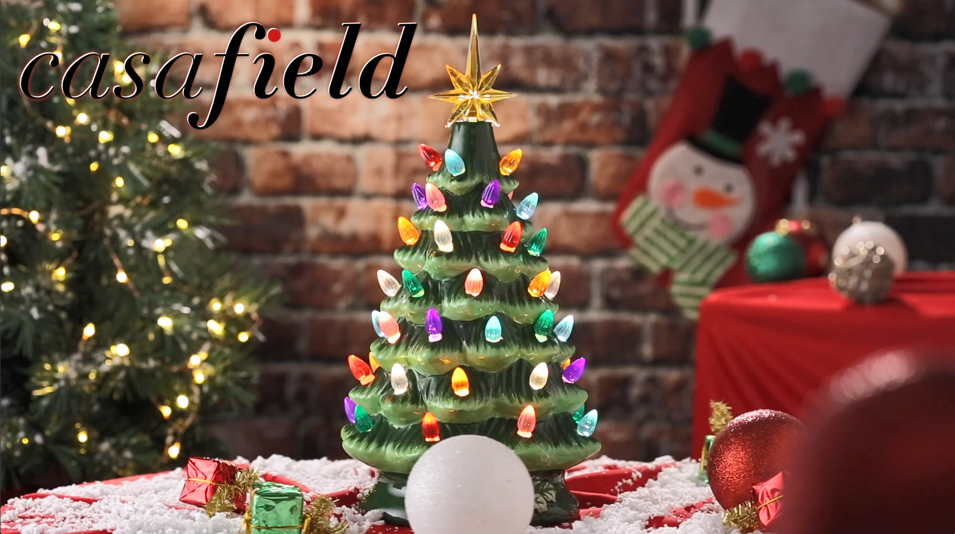 thumbnail video image 2 of 12" Hand Painted Ceramic Christmas Tree, Green Pre-Lit Tree, 100 Multi-Color Lights, 2 Star Toppers, 2 of 7