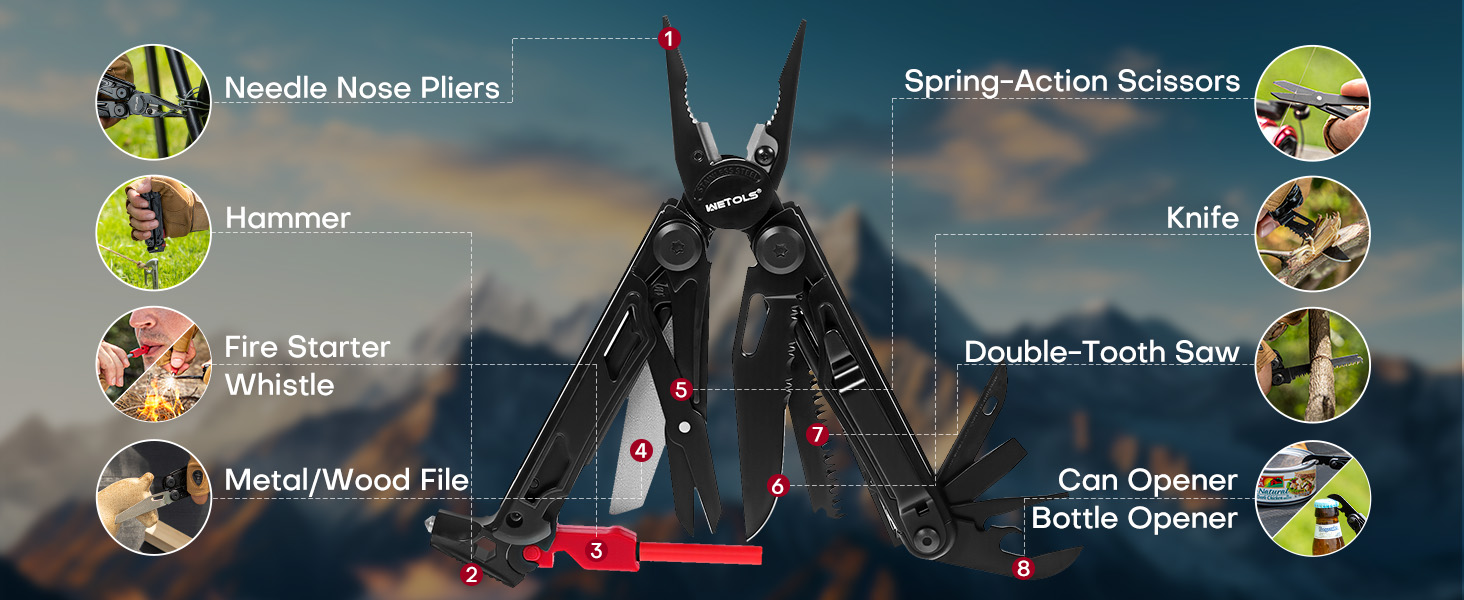 thumbnail video image 2 of TAWOM Multitool Pocket Knife, 27-in-1 Stainless Steel Needle Nose Pliers with Screwdrivers, Self-Locking Multi tool EDC Gear with Sheath, Ideal for Survival, Outdoor, Camping, 2 of 11