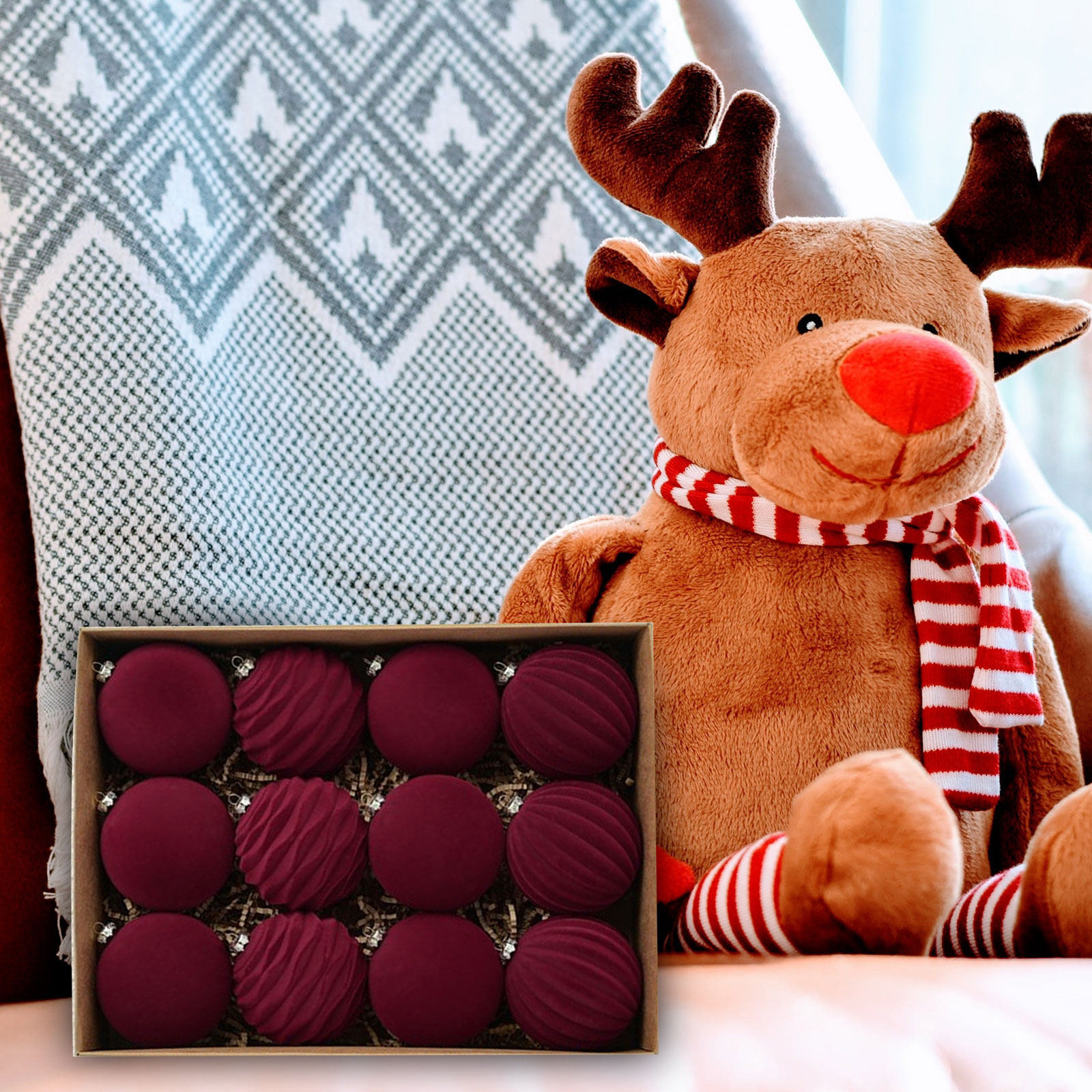 thumbnail video image 2 of 12pcs Dark Velvet Flocked Christmas Tree Ornaments Soft Textured Festive Hanging Decorative Balls Winter Party Tree Decorations For Seasonal Celebrations, Red, 2 of 9