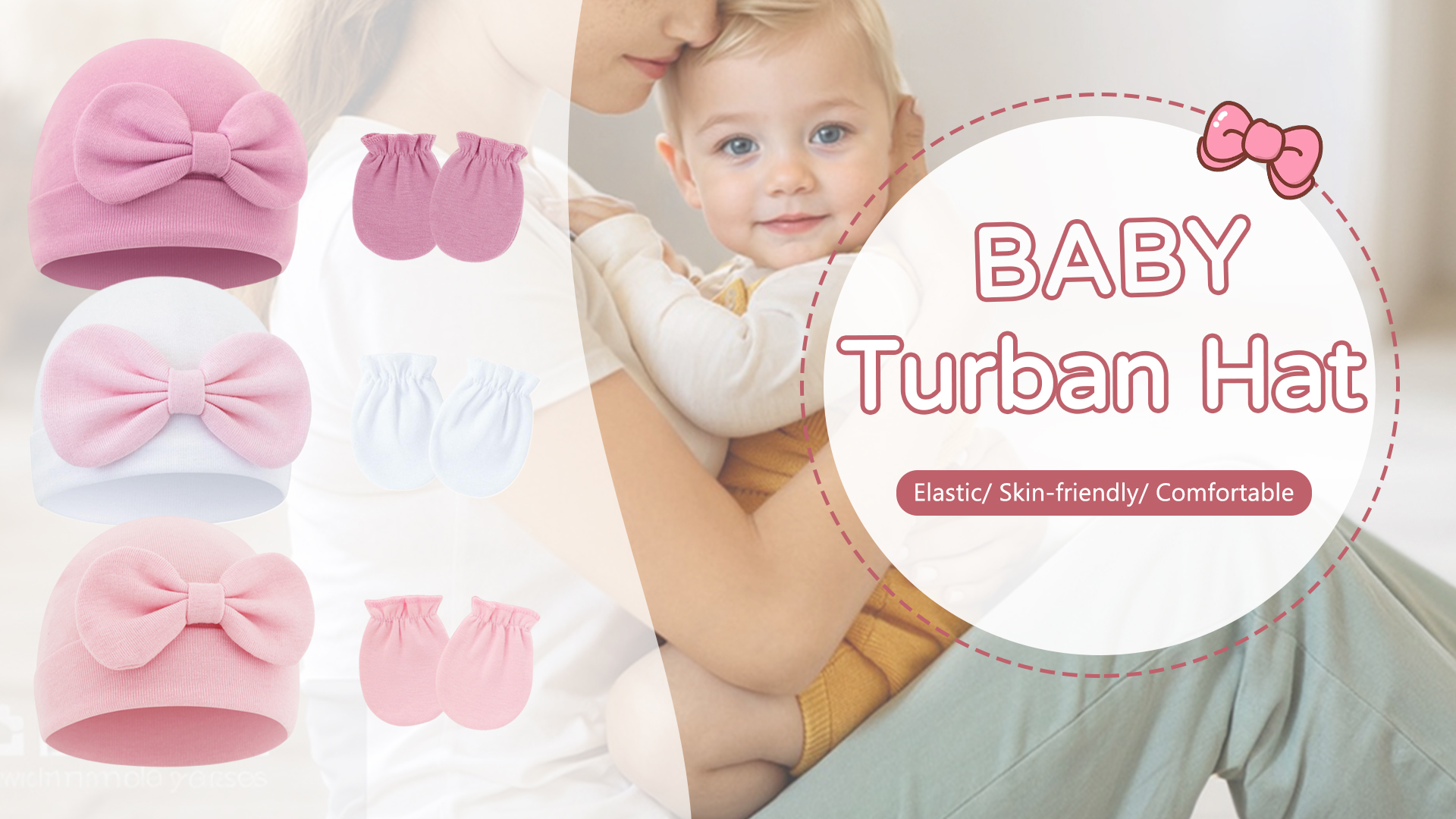 thumbnail video image 2 of Happy Cherry Hats Gloves Sets for Infant No Scratch Mitten Preemie Hospital Cotton Hat Baby Girls Bow Hats Newborn Beanie Cap for 0-6 Months, 2 of 7