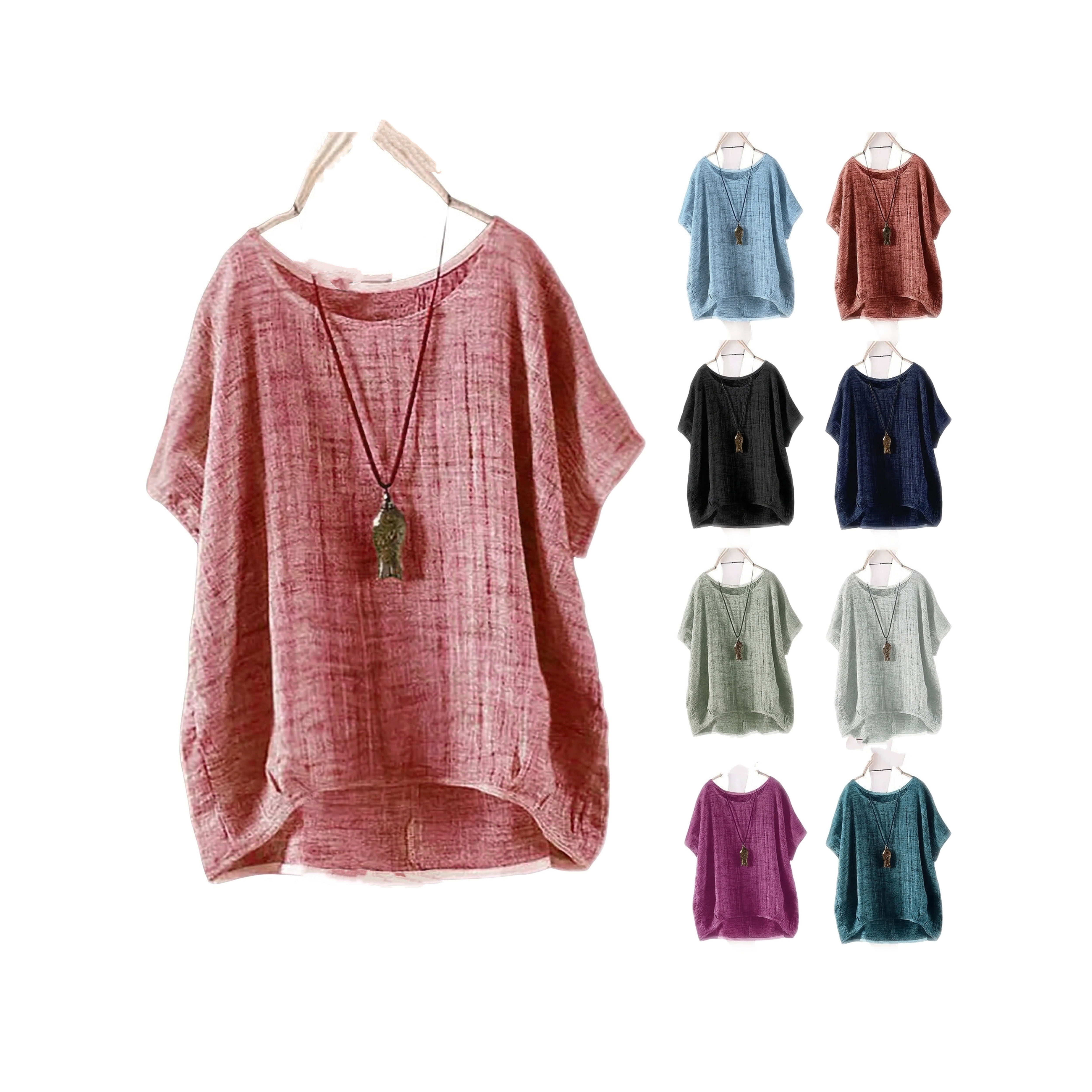thumbnail video image 2 of Chroia Women's Linen Solid Short Sleeve Loose Fit Crewneck Blouses - 2025 Summer Trendy Casual Plus Size, 2 of 5