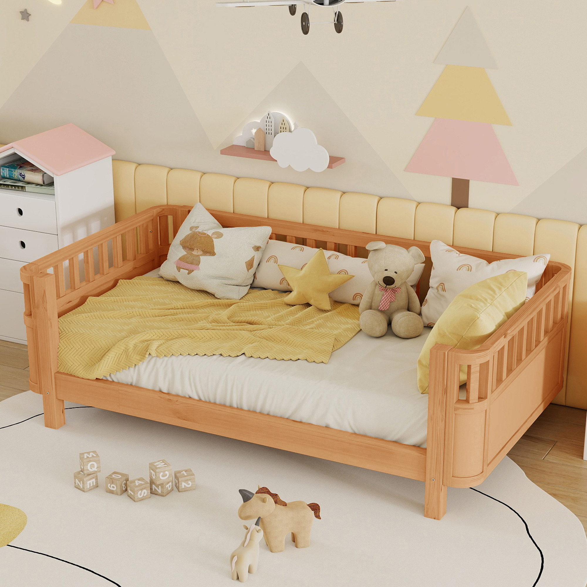 thumbnail video image 2 of Mirightone Baby Low to Ground Montessori Wood Bed Frame with Slats and Removable Side Rails, Twin Size, 2 of 8
