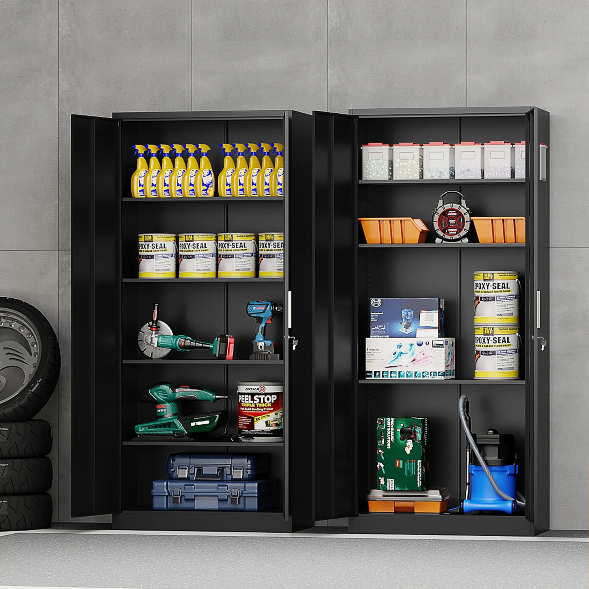 thumbnail video image 2 of Fesbos Metal Garage Storage Cabinet with 2 Doors and 4 Adjustable Shelves, 71 Inches Tall Black Steel Locking Tool Cabinets for Office, Home, Garage, Gym, School, Warehouse, 2 of 11