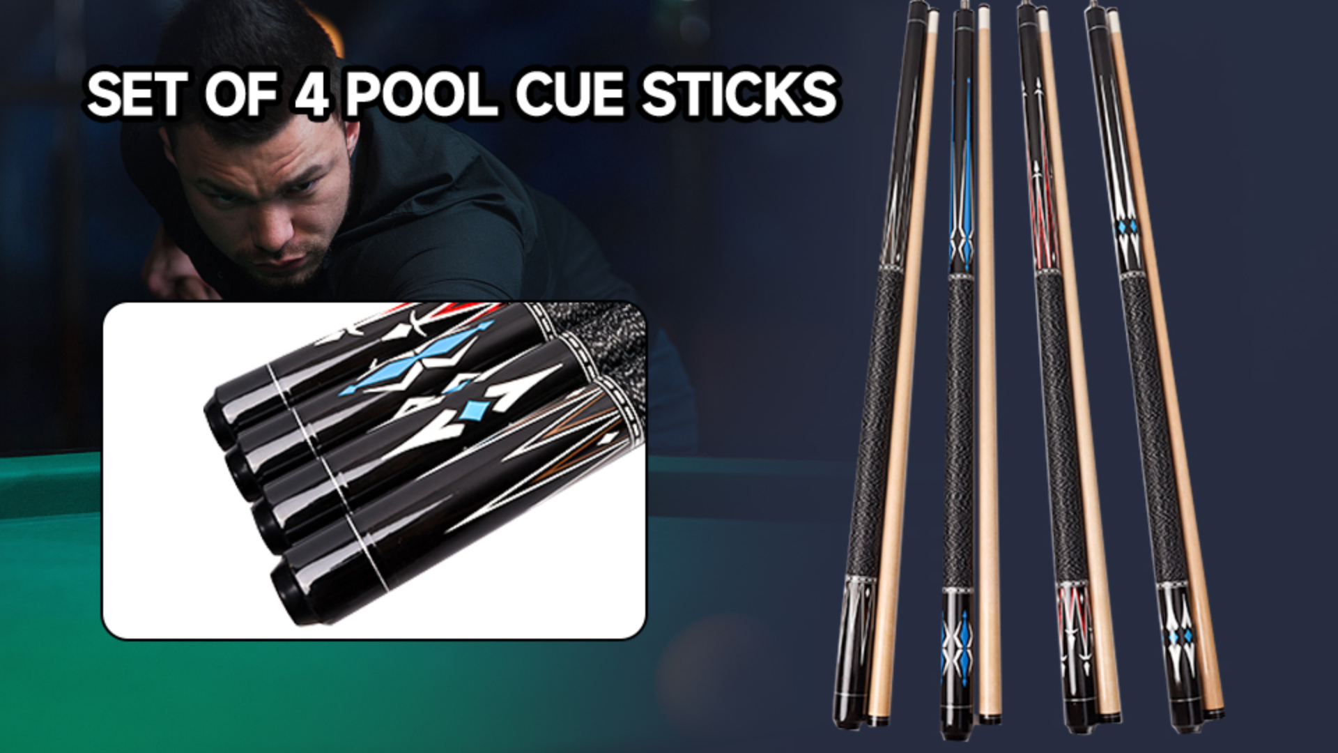 thumbnail video image 2 of GSE Set of 4 Black Hardwood Billiard Pool Cue Sticks. 58" 2-Piece Maple Pool Stick 18/19/20/21oz Combo Set for Commercial, Bar/House Use, 2 of 8
