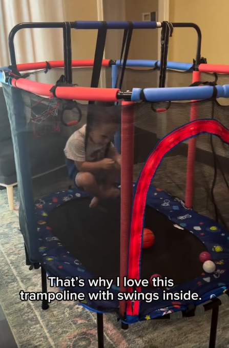 thumbnail video image 2 of 60" Toddler Trampoline with Safety Enclosure Net, SEGMART Upgraded Kids Trampoline with Basketball Hoop, Swing, Rings, Balls, Indoor Outdoor Mini Trampoline Birthday Gift for Kids Ages 3-9, 2 of 14