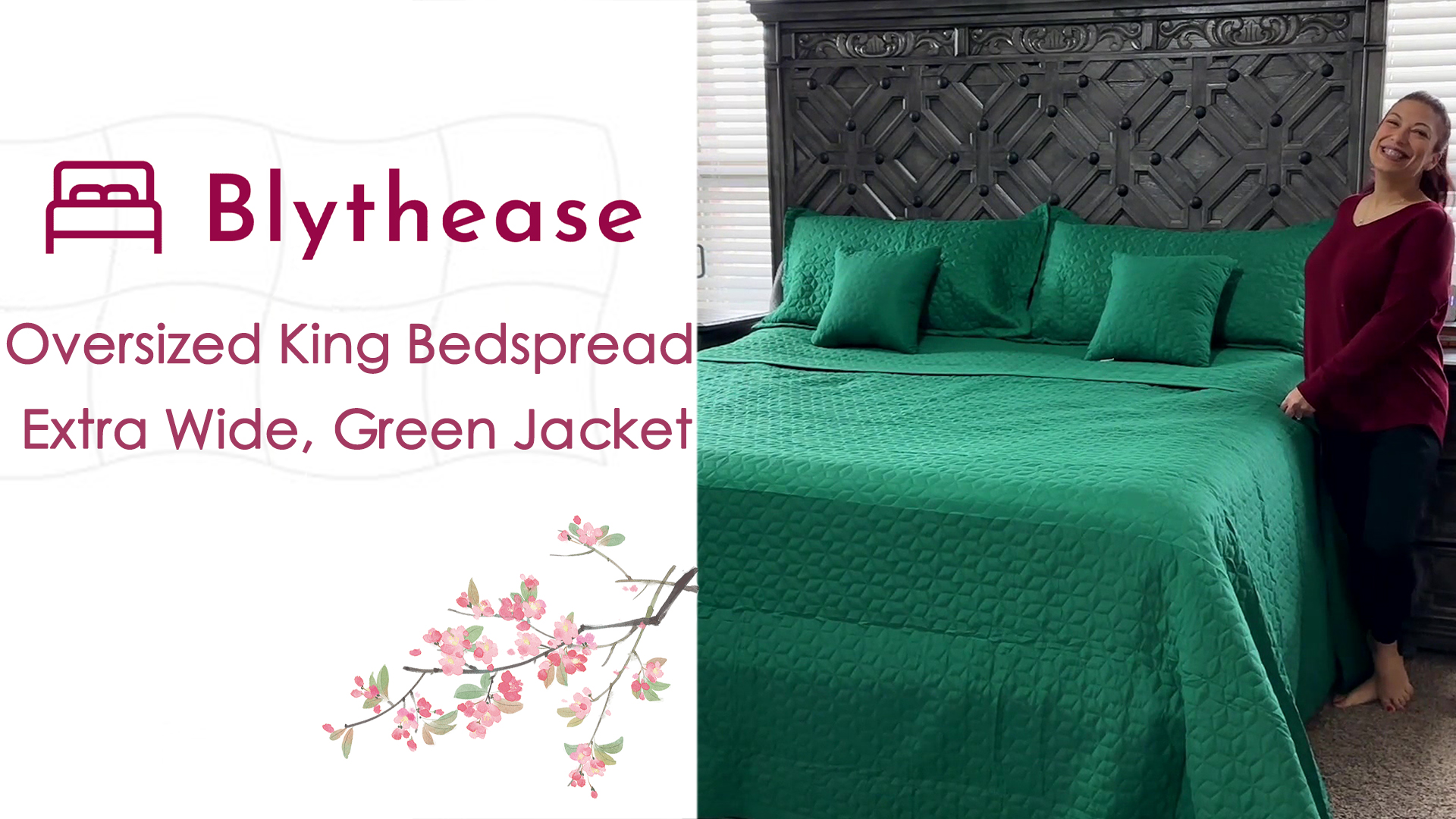 thumbnail video image 2 of Blythease Oversized King Bedspread 128x120 Extra Wide, Modern & Contemporary Look, Lightweight Bedding Cover, Reversible, 5 Piece, 100% Microfiber, Green, 2 of 8